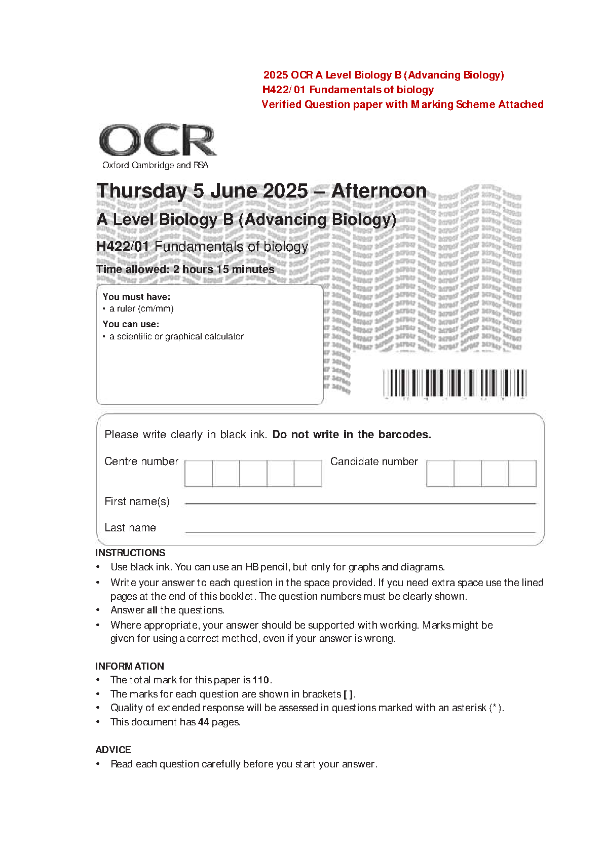 Latest 2025/2026 OCR A Level Biology B (H422/01) Exam Paper and Mark Scheme | Master Fundamentals of Biology & Ace Your Exams