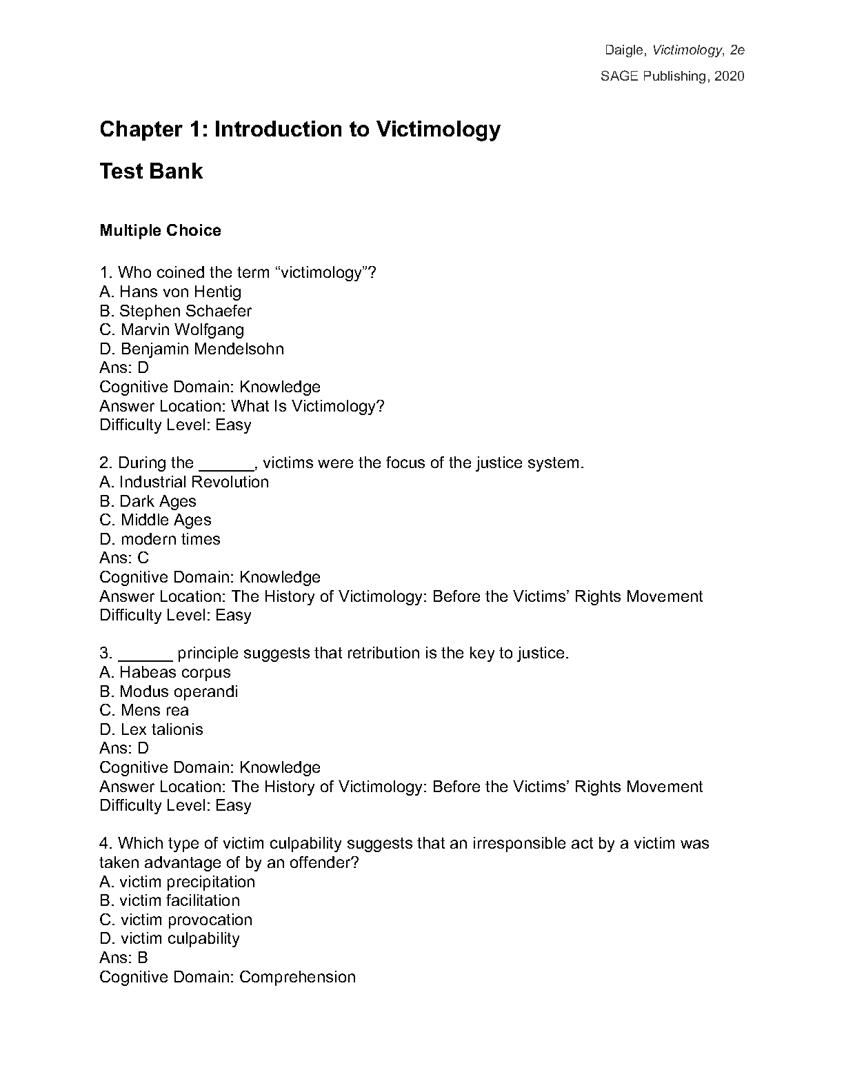 Test Bank For Victimology, 2nd Edition by Leah E. Daigle
