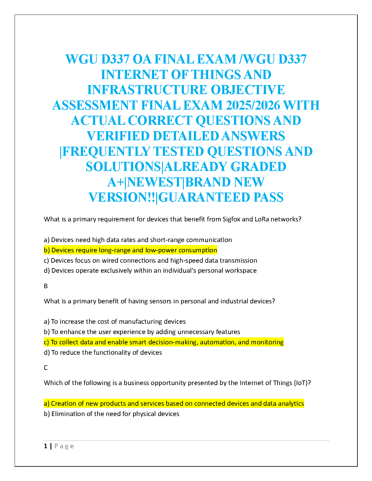 WGU D337 Internet of Things and Infrastructure OA Final Exam Test Bank 2025/2026 Verified Answers & Solutions Guide for First Attempt Success