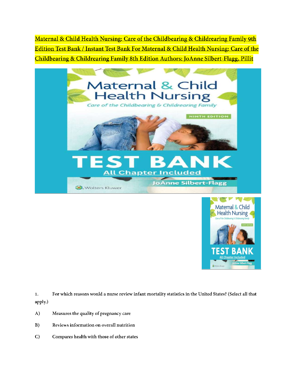Maternal & Child Health Nursing 9th Edition Test Bank by Silbert-Flagg and Pillit