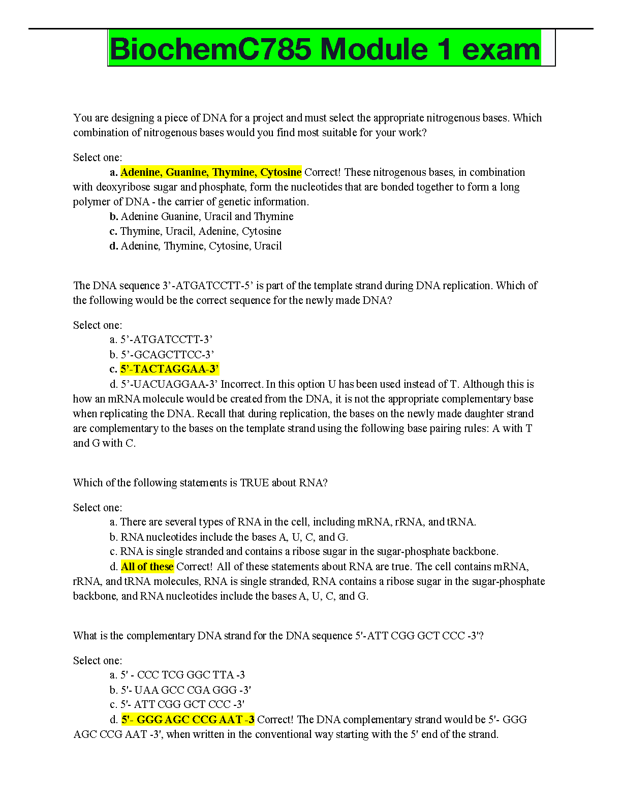 WGU C785 Biochemistry Module 1 Exam Test Bank: Verified Questions, Answers and Explanations for Success