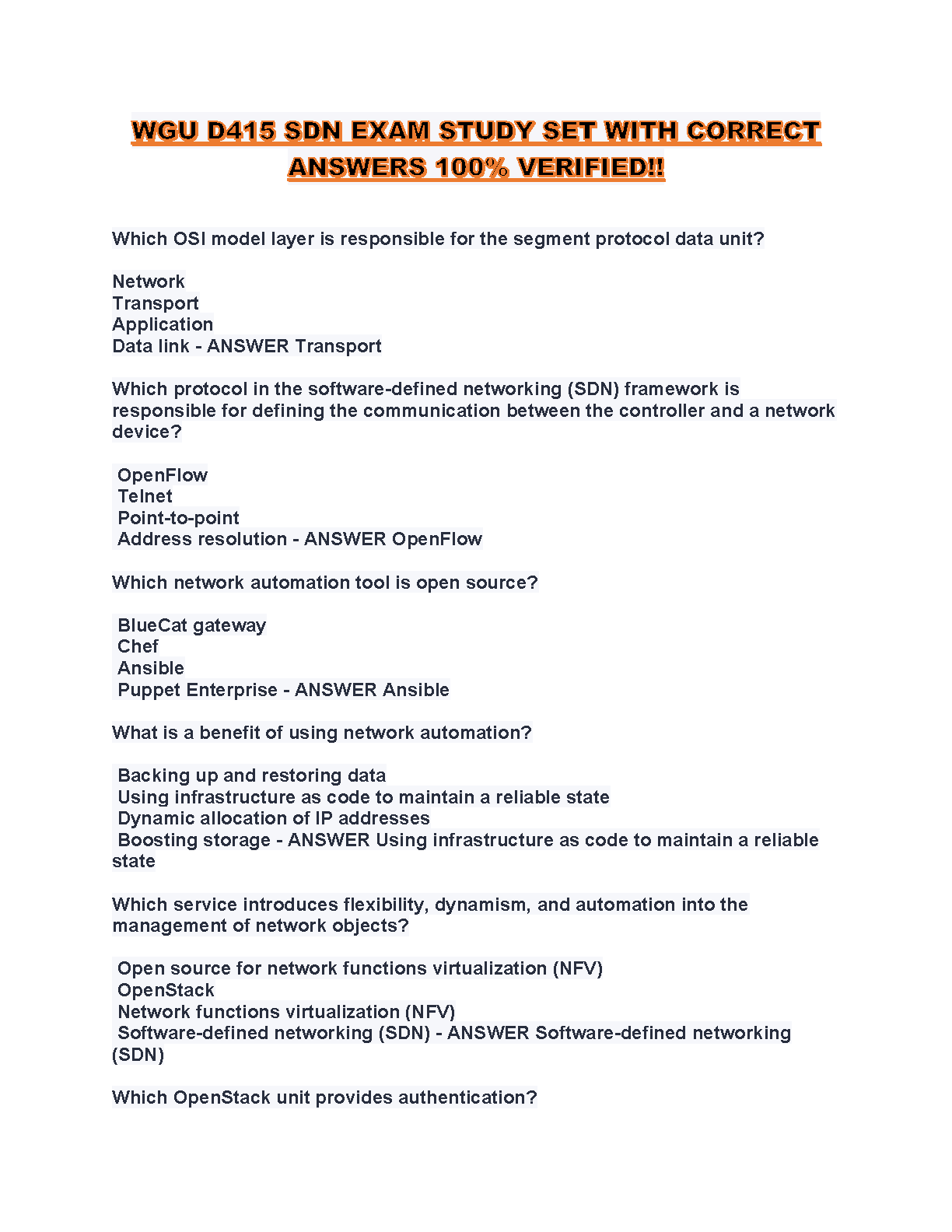 WGU D415 Software-Defined Networking SDN Verified Exam Test Bank Questions and Answers for 2025/26
