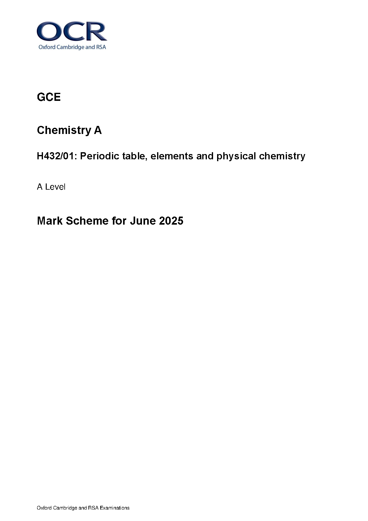 OCR A LEVEL CHEMISTRY A PAPER 1 2025 MARK SCHEME