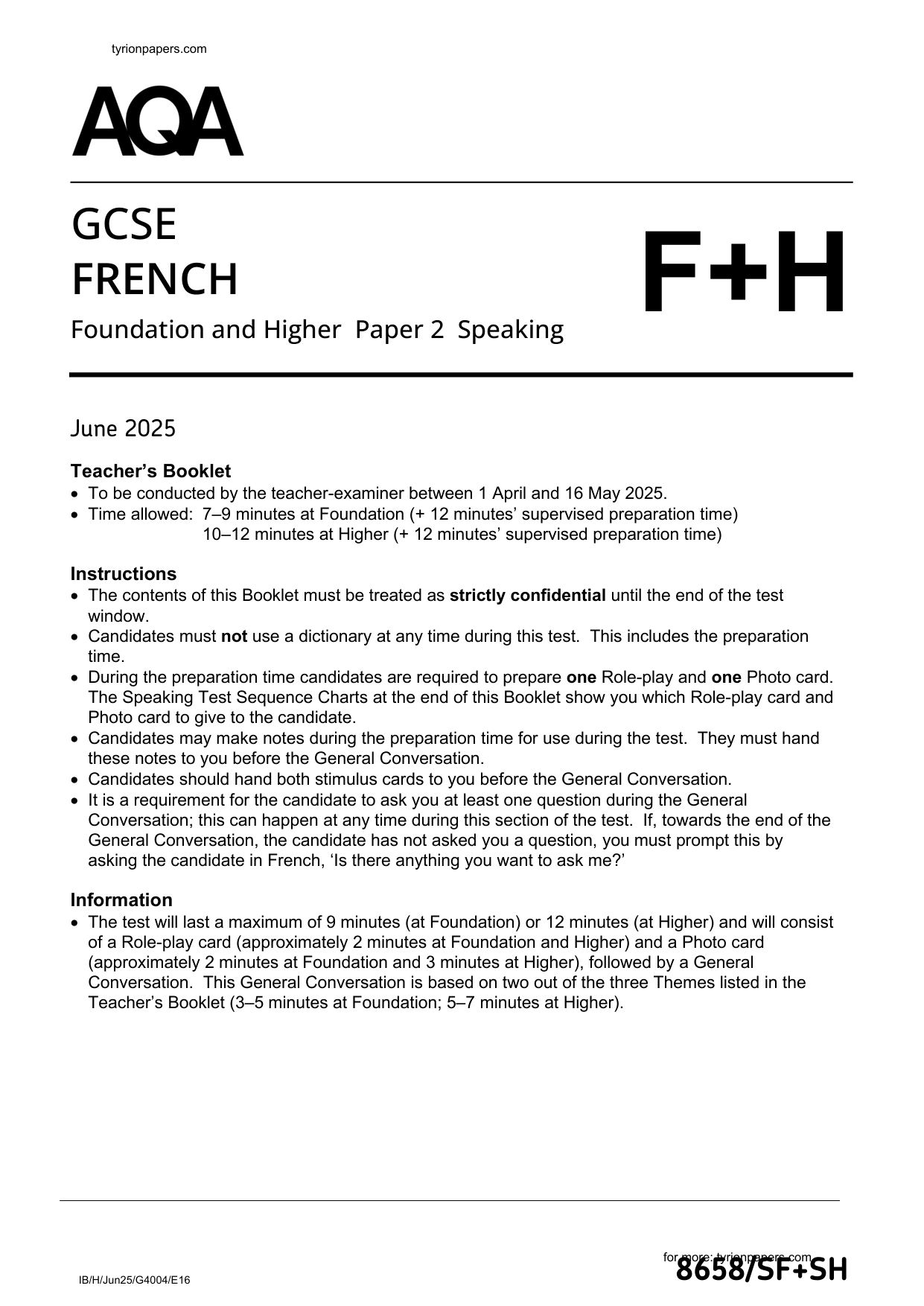 AQA GCSE French Speaking 2025 Teacher Booklet PDF