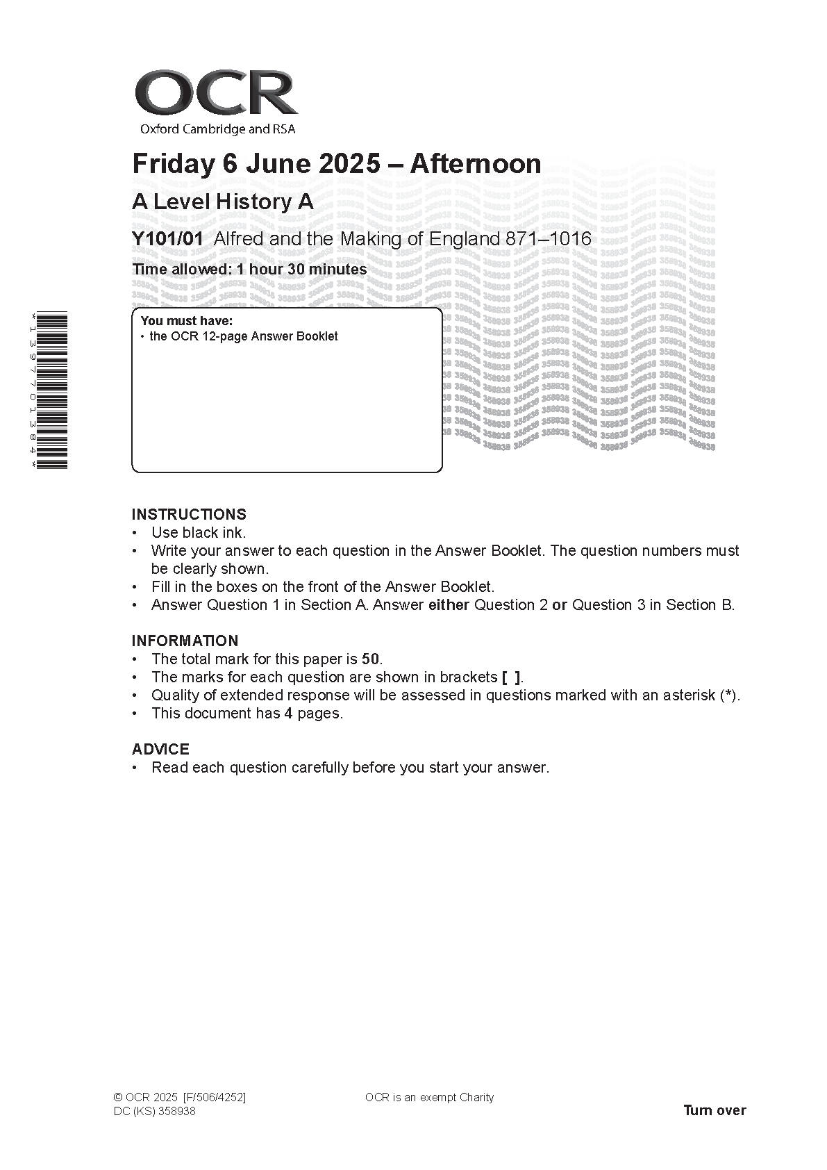 OCR A Level History A Alfred England 2025 Question Paper