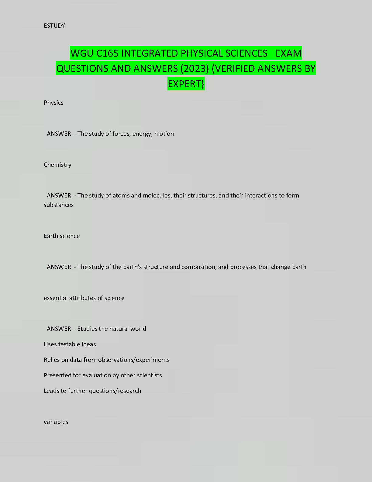 WGU C165 Integrated Physical Sciences Test Bank: Verified Exam Questions and Answers for 2023/2024