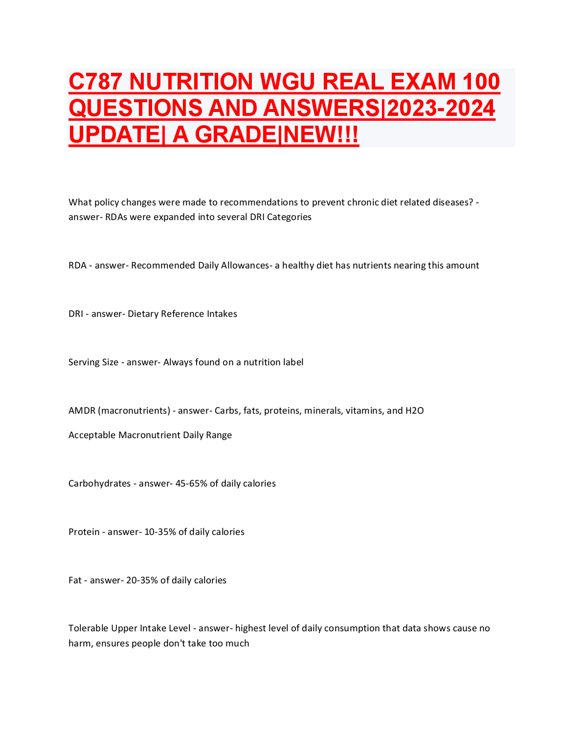 WGU C787 Nutrition Course Exam Questions and Answers Study Guide 2023/2024 A+ Graded Review Material