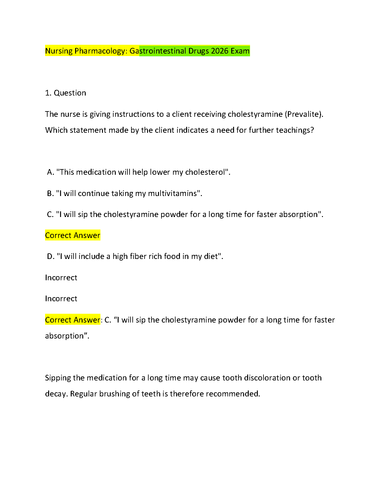 Cholestyramine and Metoclopramide NCLEX Nursing Practice Questions With Rationales Updated For The 2026/2027 Academic Year Study Guide