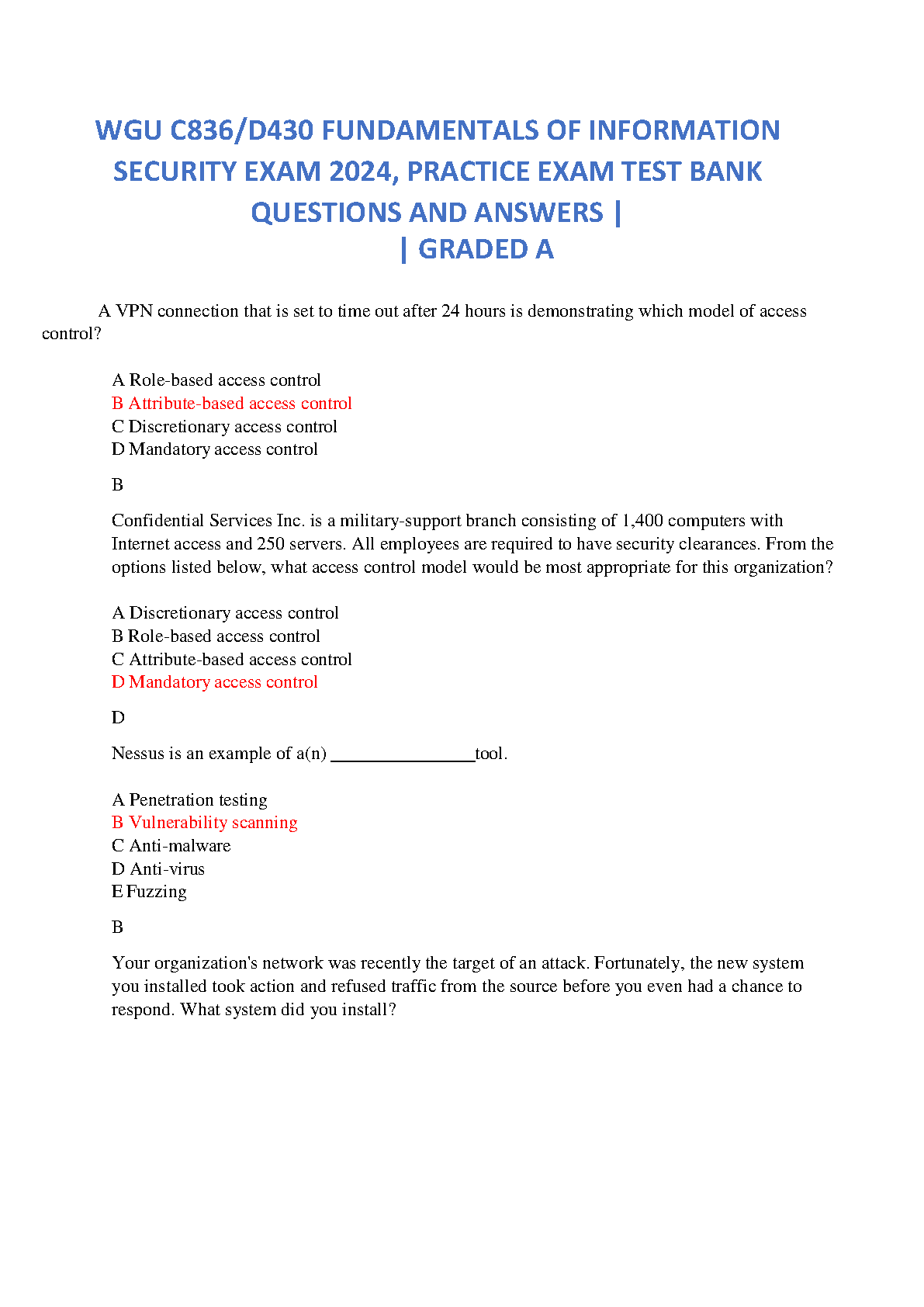 WGU C836 D430 Fundamentals of Information Security Test Bank Verified Answers 2026-2027 Academic Year