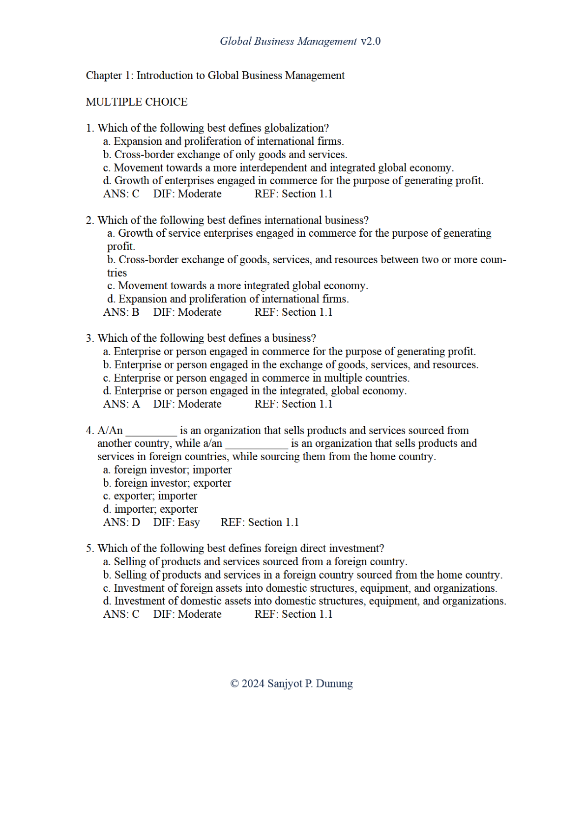Test Bank For Global Business Management v2.0 by Sanjyot P. Dunung