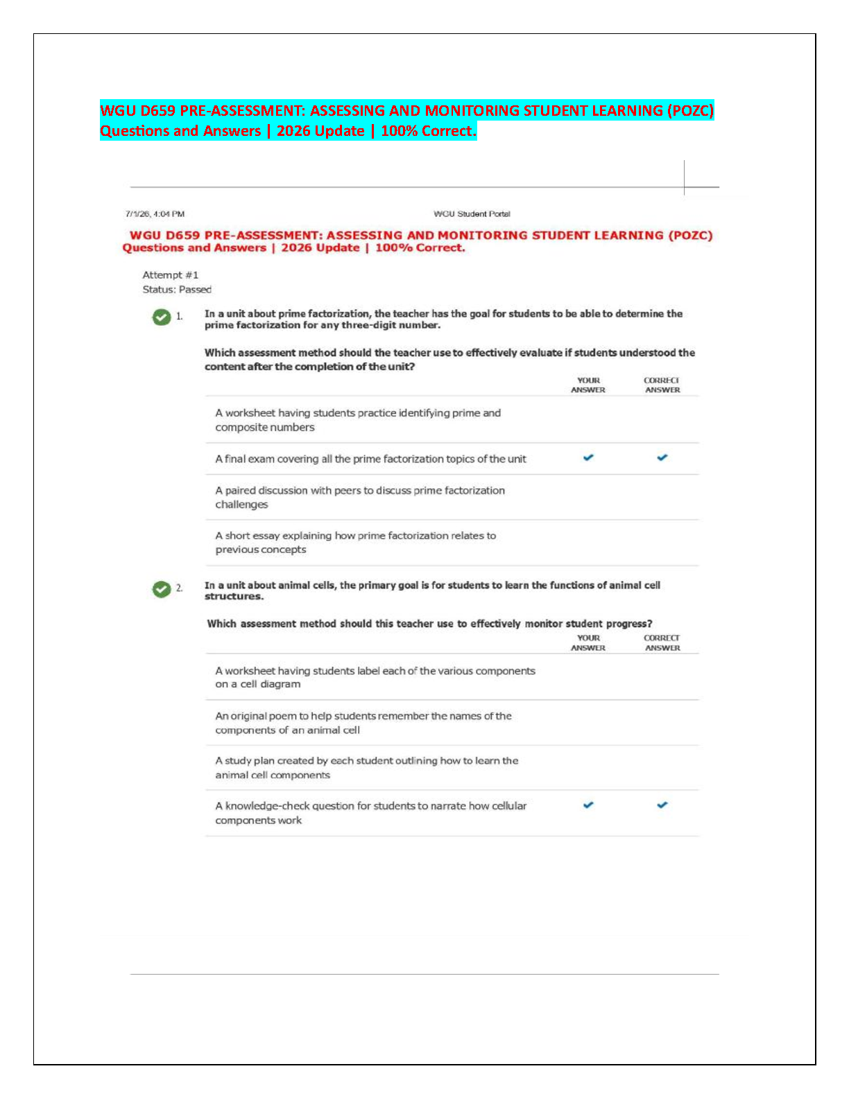 WGU D659 Pre-Assessment Q&A Guide: Assessing and Monitoring Student Learning POZC 2026 Updated Answers