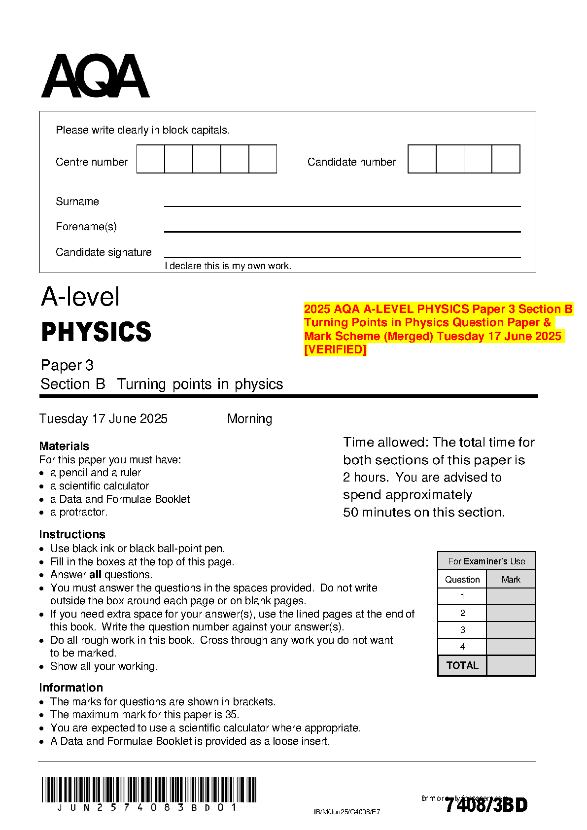 Pass Your A-Levels: AQA Physics Paper 3B Turning Points in Physics (7408/3BD) 2025 Question Paper with Mark Scheme - Latest 2025/2026 Edition
