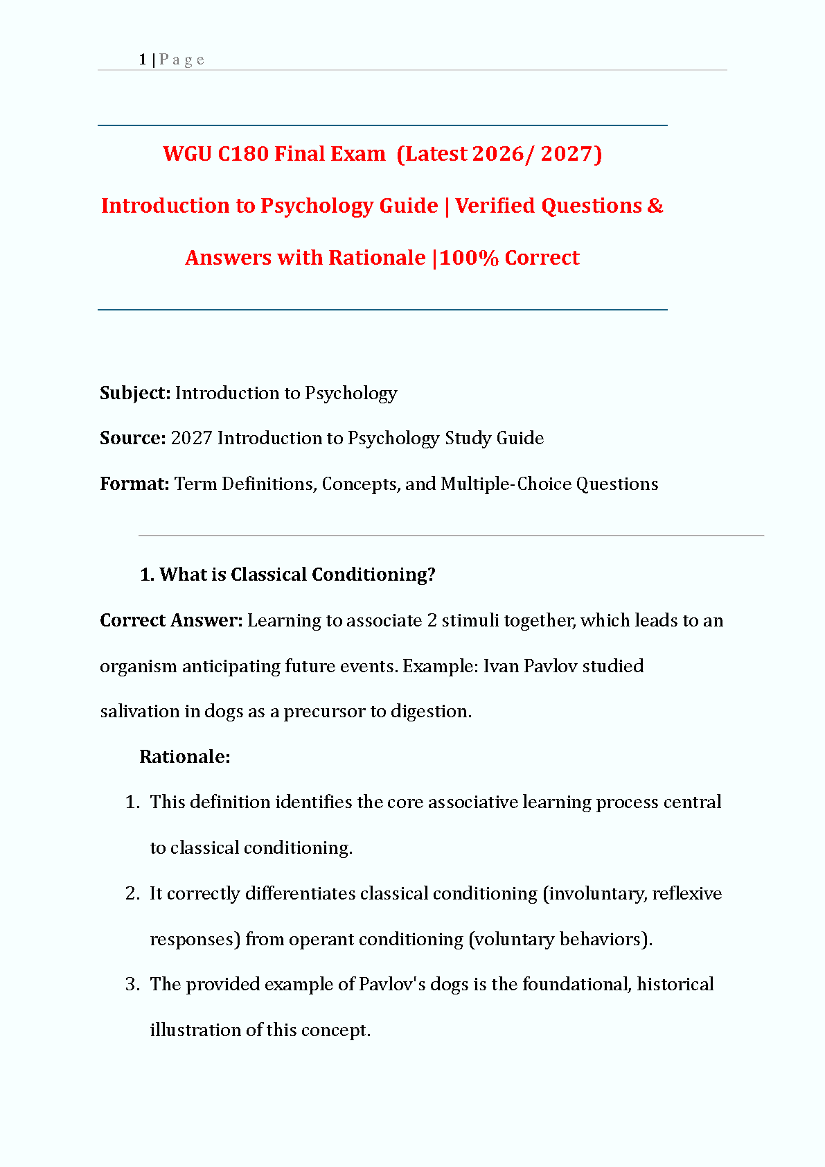 WGU C180 Introduction to Psychology Final Exam Test Bank 2026/2027 Verified Q&A with Rationales
