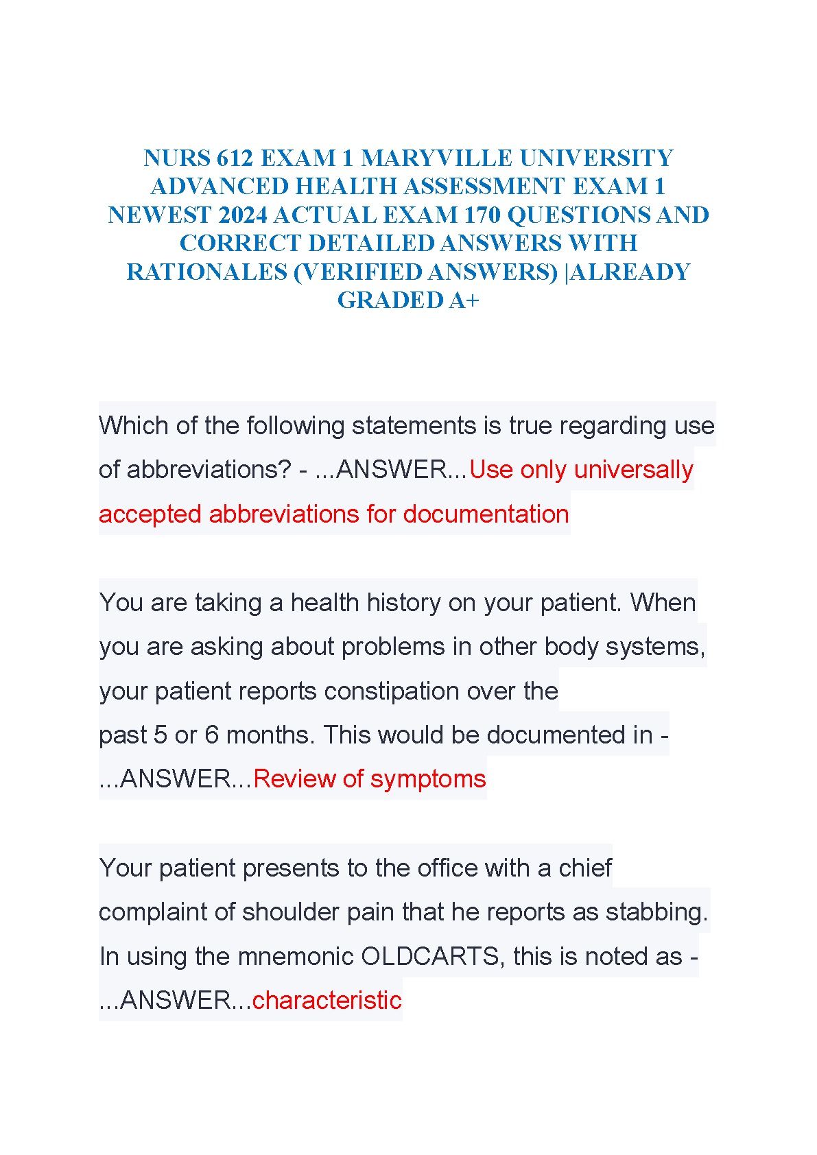 NURS 612 Advanced Health Assessment Exam Questions and Rationales Maryville University Study Resource