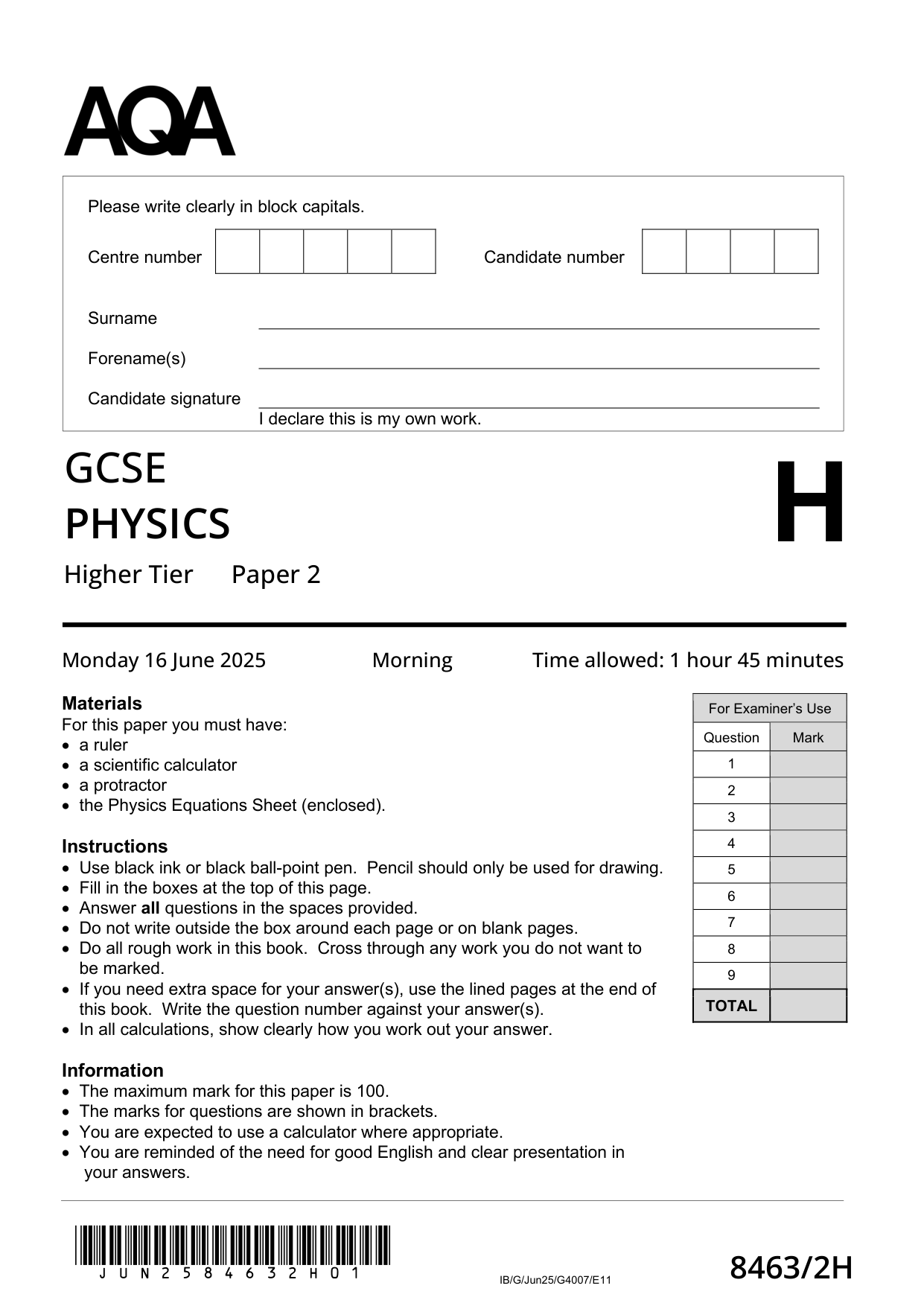 AQA GCSE Physics 2H 2025 Question Paper PDF
