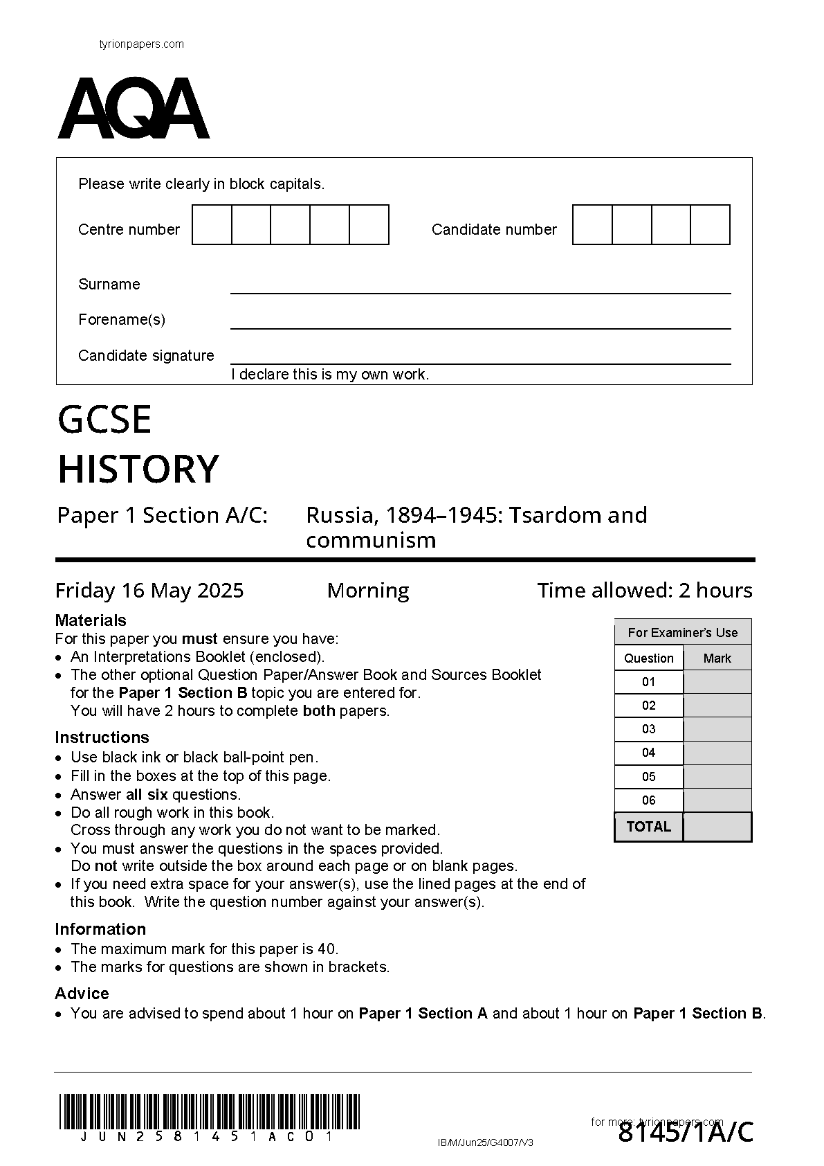 AQA GCSE History Paper 1A Section A/C 2025 Question Paper