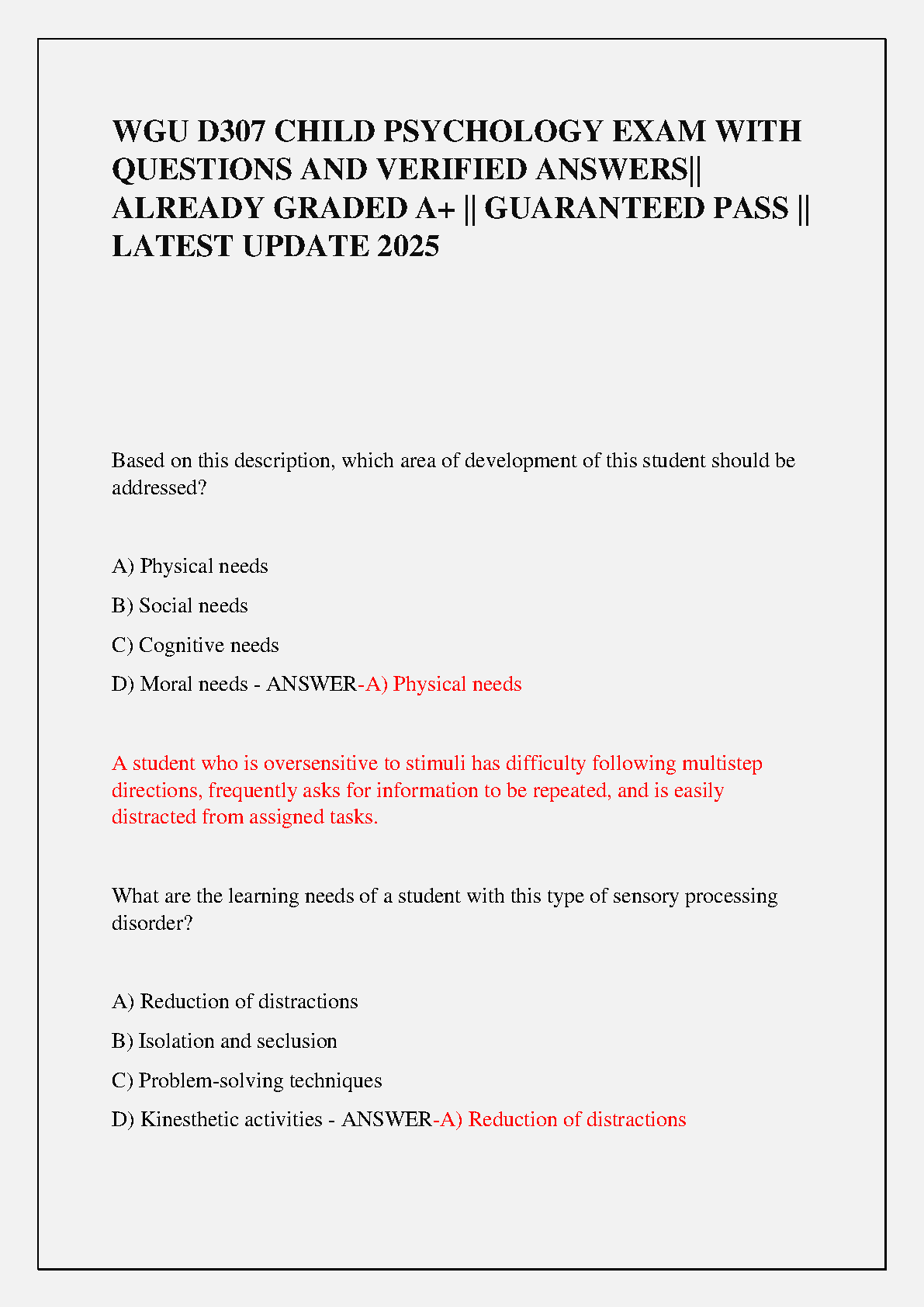 WGU D307 Child Psychology Exam Questions and Verified Answers (2025 Edition) - Guaranteed A+
