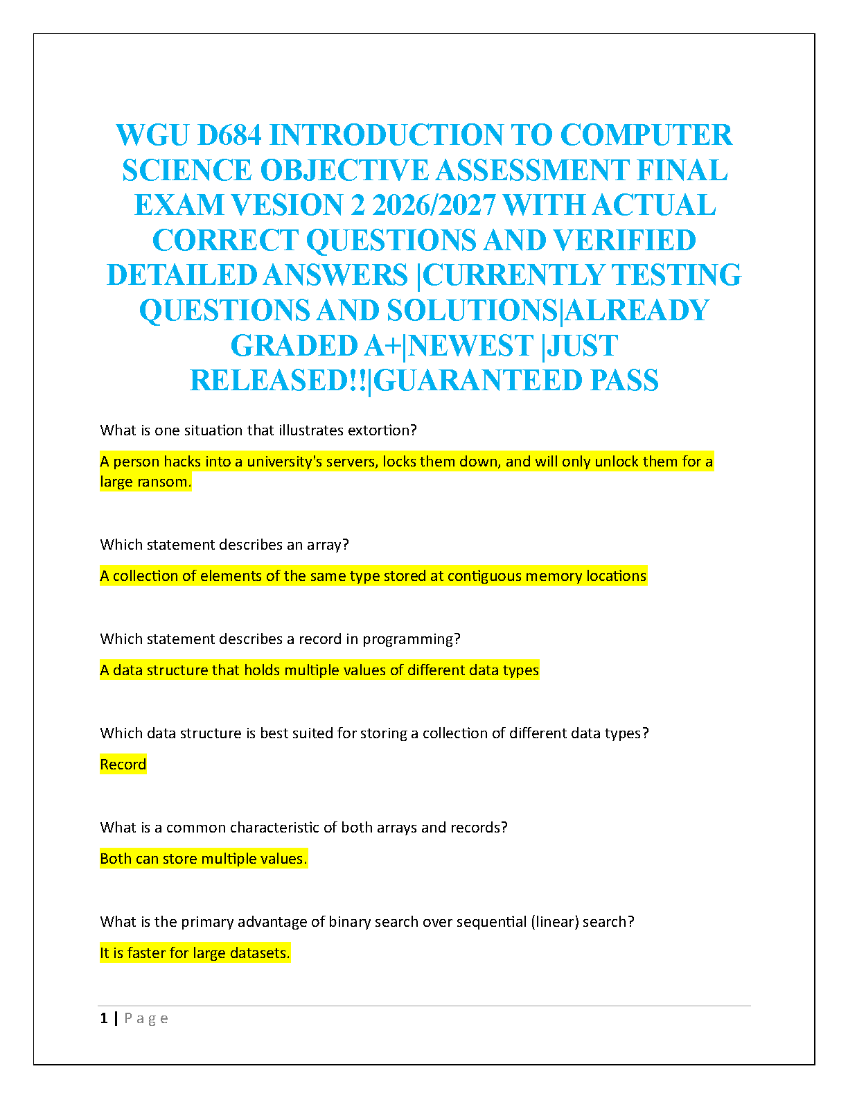 WGU D684 Introduction to Computer Science Objective Assessment Version 2 Test Bank with Verified Answers (2026/27)
