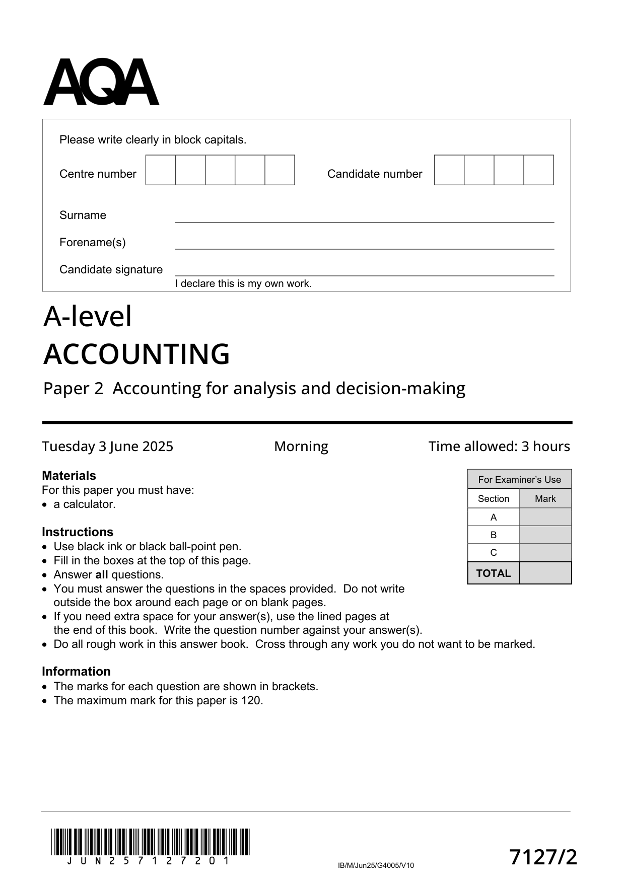 AQA A Level Accounting Paper 2 2025 Question Paper PDF