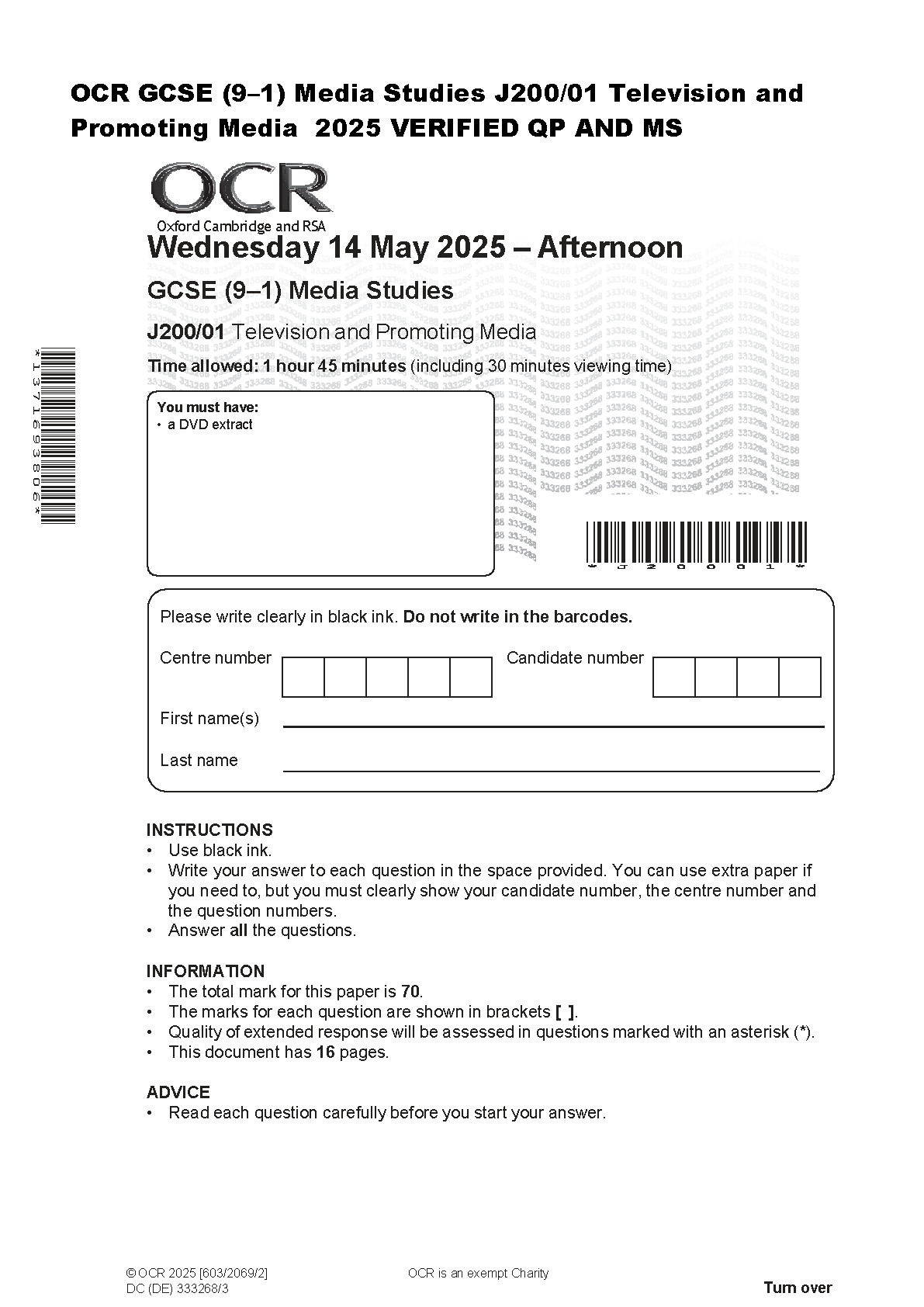 OCR GCSE Media Studies J200/01 Television and Promoting May 2025 Verified Question Paper Mark Scheme Released for the 2026 Academic Year