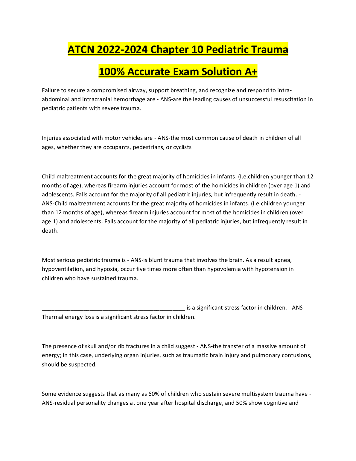 ATCN 2022-2024 Chapter 10 Pediatric Trauma 100% Accurate Exam Solution A+