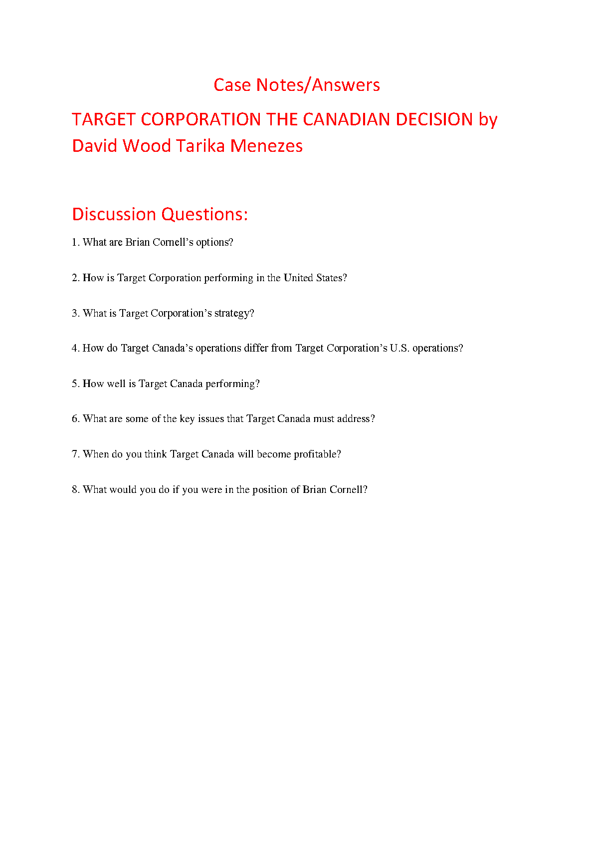 Target Corporation The Canadian Decision by David Wood & Tarika Menezes - Case Study Solution and Analysis