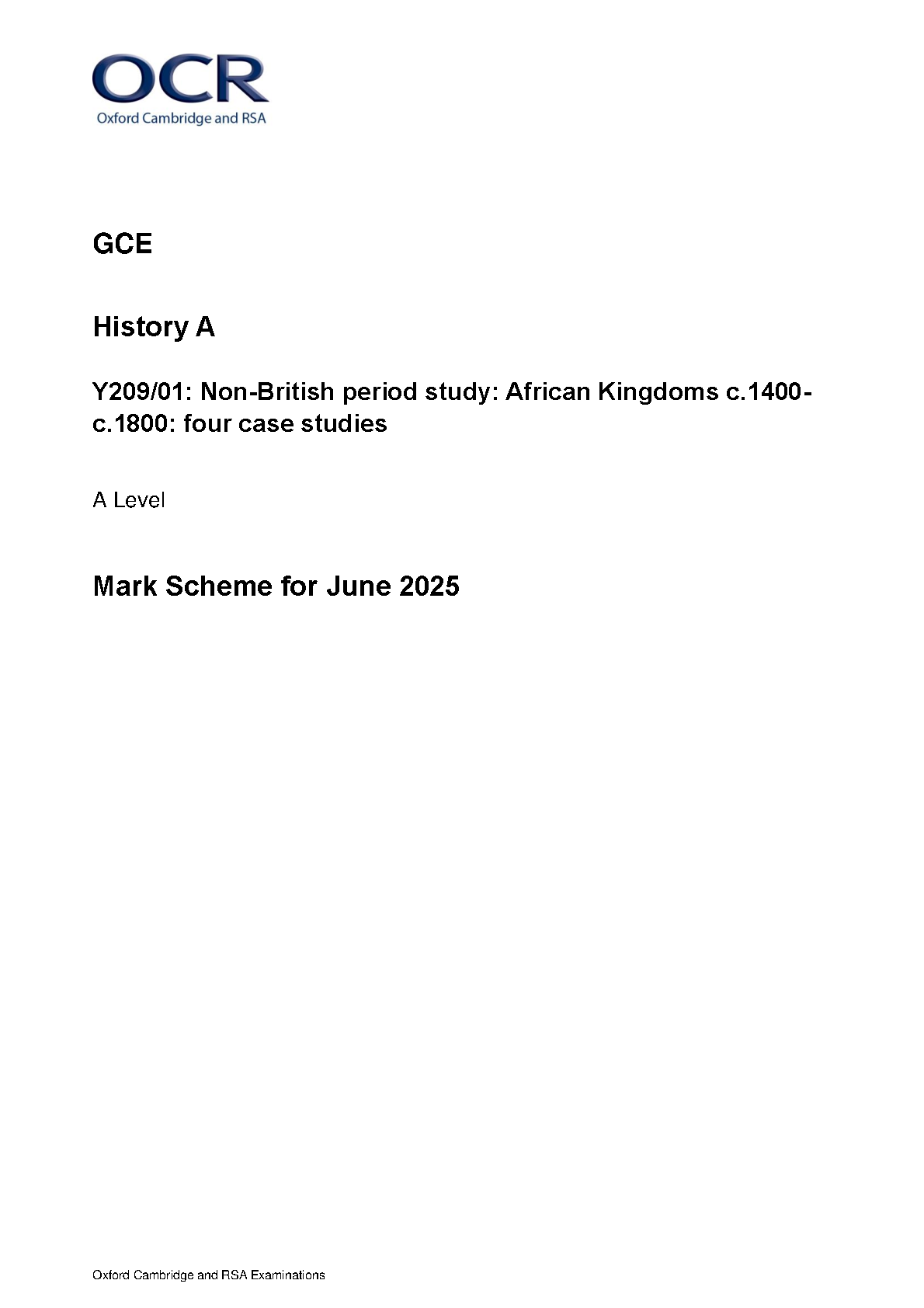 OCR A Level History A African Kingdoms 2025 Mark Scheme