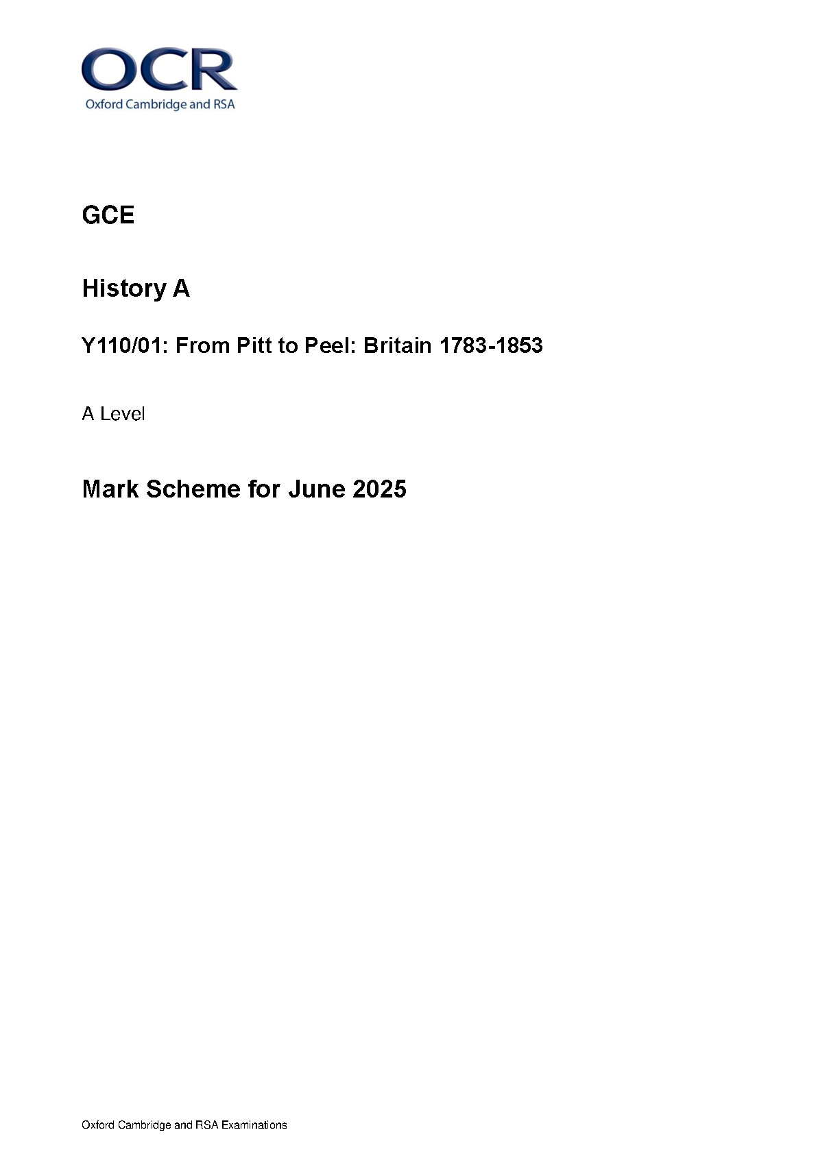 OCR A Level History A Pitt to Peel 2025 Mark Scheme