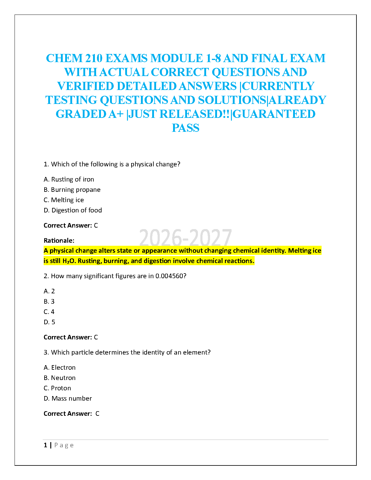 CHEM 210 Test Bank: Modules 1-8 and Final Exam Bundle | Verified ...