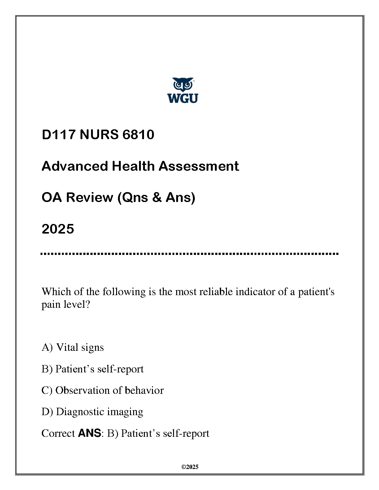 WGU NURS 6810 Advanced Health Assessment OA Review 2025: Comprehensive Questions and Answers for Exam Success