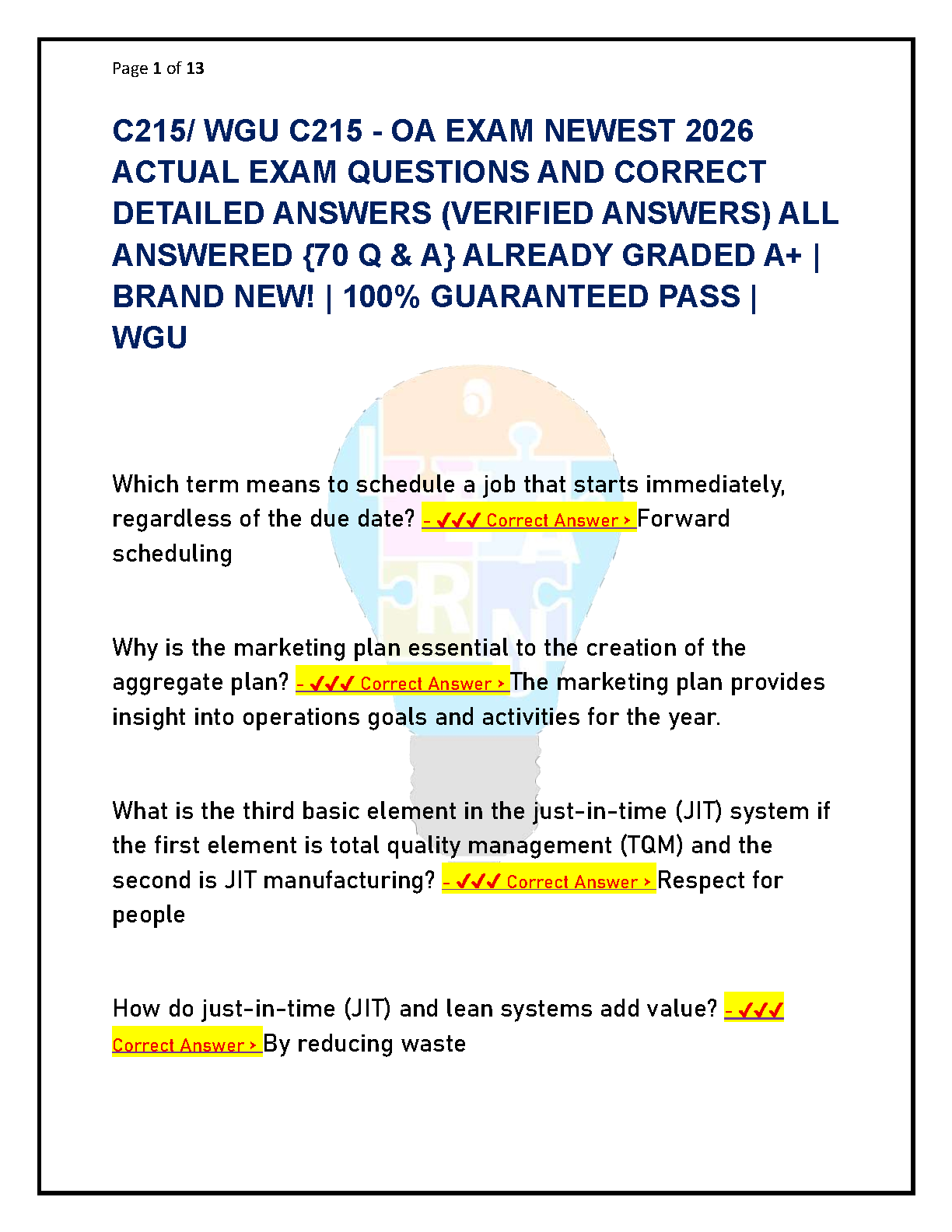 WGU C215 Operations Management OA Exam Test Bank with Verified Answers for the 2025/26 Academic Year
