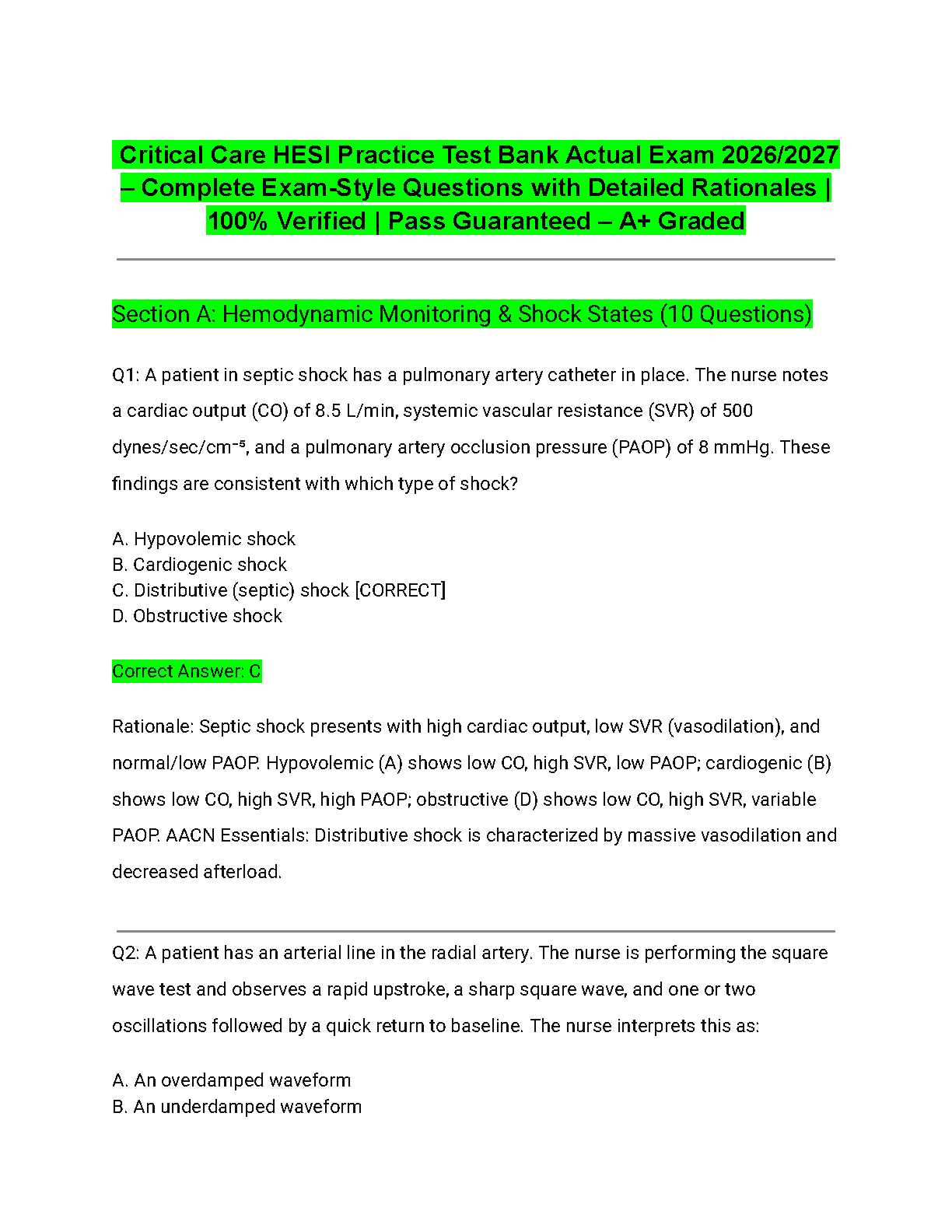 Hemodynamic Monitoring And Shock States Exam Questions With Rationales For Critical Care Nursing Students Updated For 2026/2027 Academic Year Study Guide