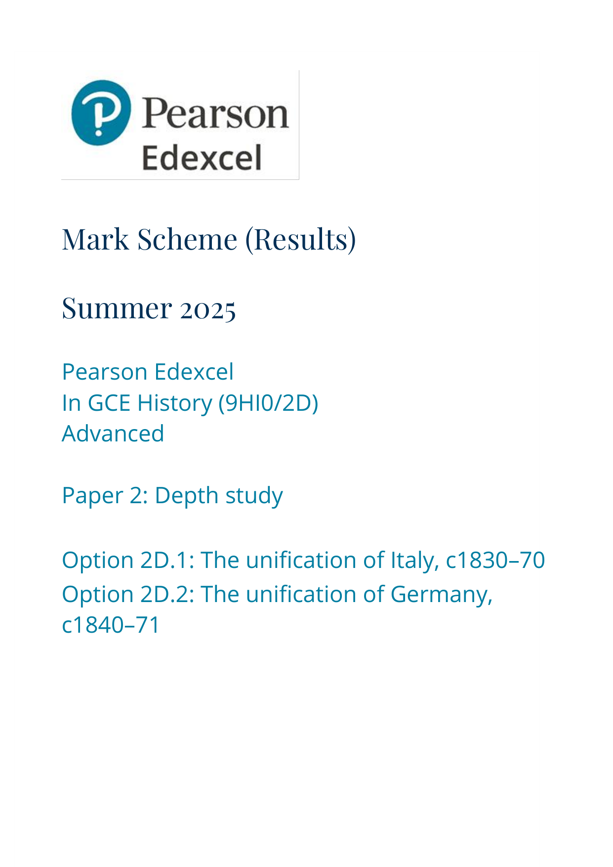 Pearson Edexcel A Level History Paper 2D 2025 Mark Scheme