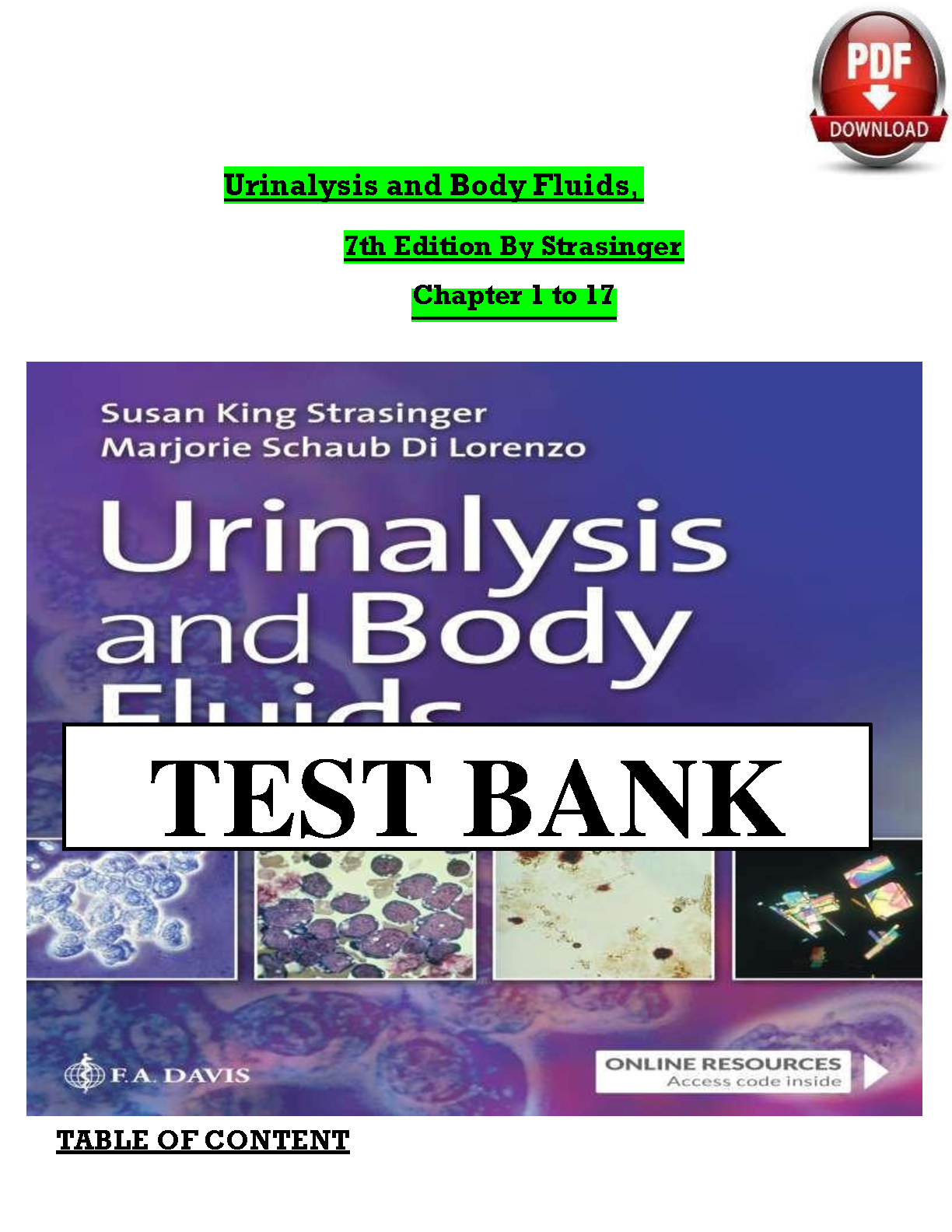 Test Bank For Urinalysis and Body Fluids, 7th Edition by Susan King Strasinger, Marjorie Schaub Di Lorenzo