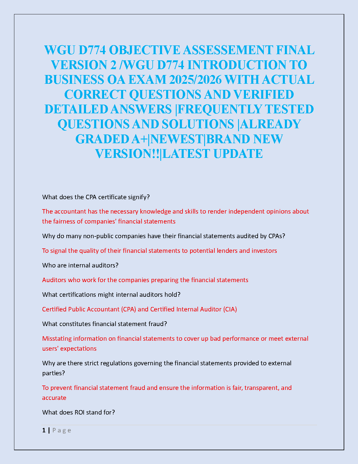 WGU D774 Introduction to Business OA Exam Study Guide Version 2 with Verified Answers and Detailed Solutions for First Attempt Success