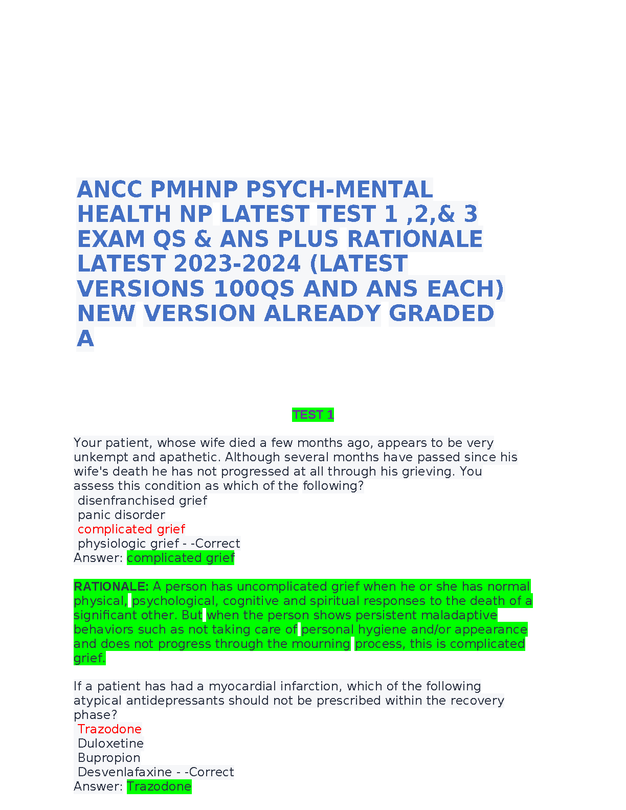 ANCC PMHNP Psych-Mental Health NP Exam Test Bank 2023-2024 Edition: 100+ Questions and Rationales