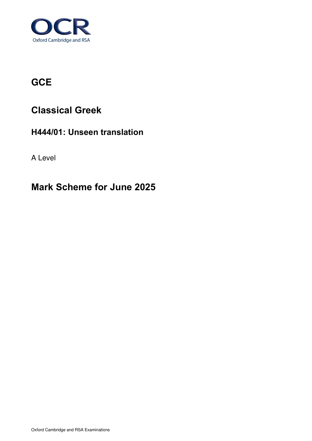 OCR A Level Classical Greek Paper 1 Mark Scheme