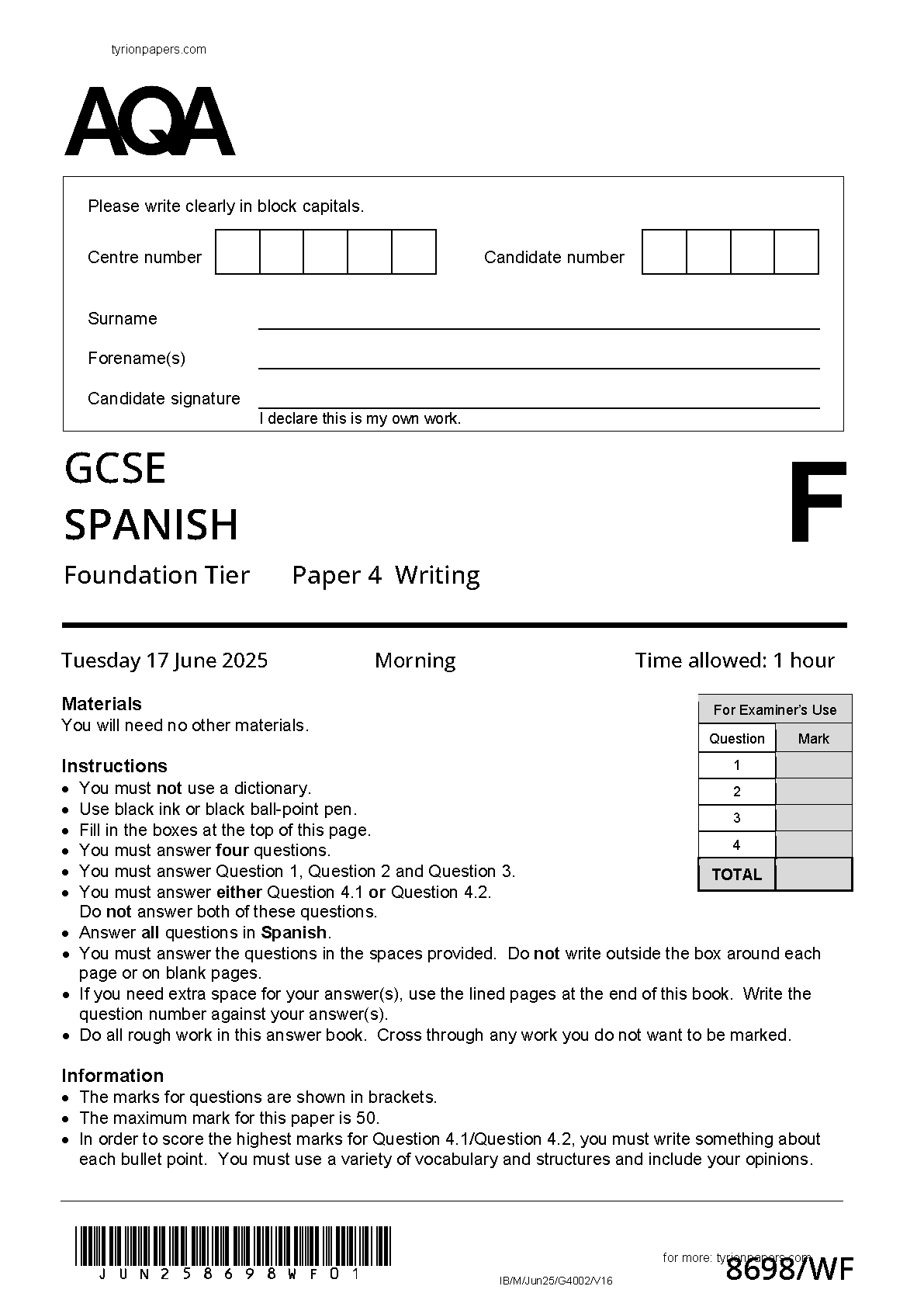 AQA GCSE Spanish Foundation Writing Paper 4F 2025 QP