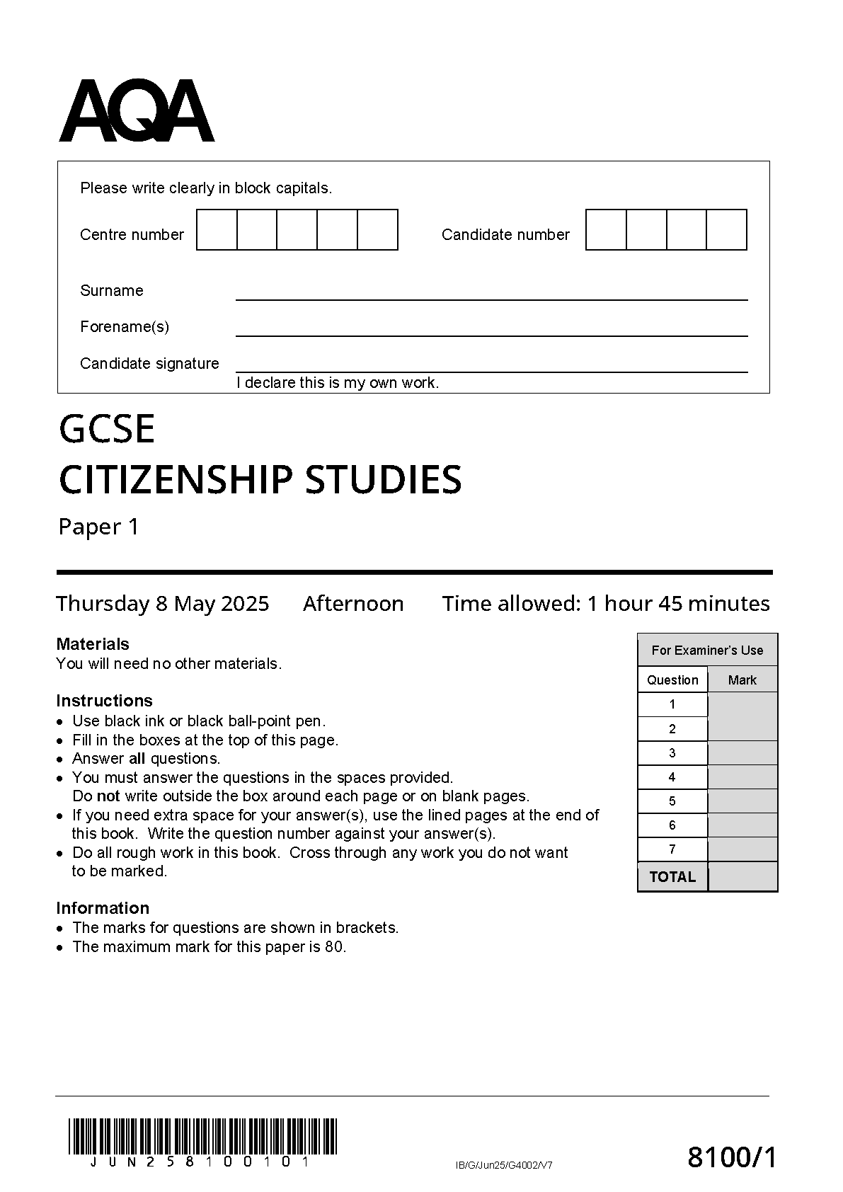 MERGED 2025 AQA GCSE CITIZENSHIP STUDIES Paper 1 Question Paper and Mark Scheme Bundle (8100/1)