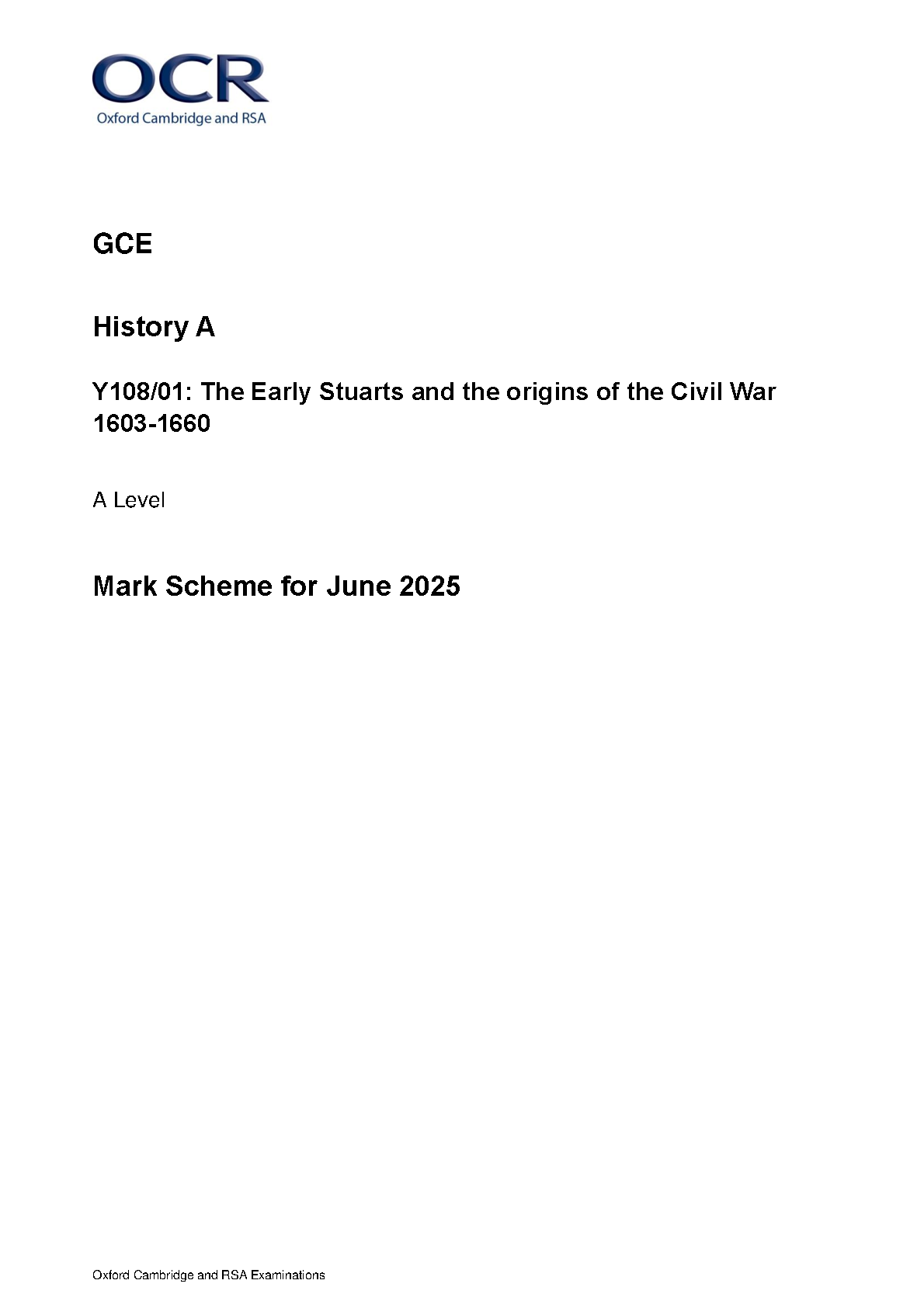 OCR A Level History A Early Stuarts 2025 Mark Scheme