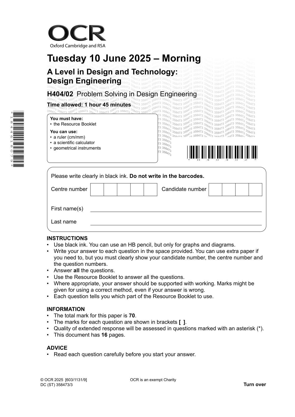 OCR A Level Design Engineering Paper 2 Question Paper