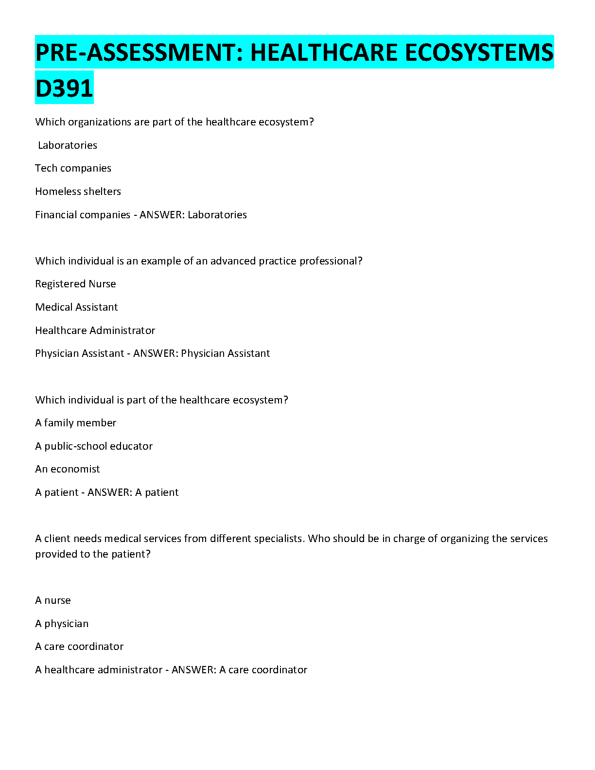 WGU D391 Healthcare Ecosystems Pre-Assessment Test Bank | Verified Questions and Answers for Exam Success