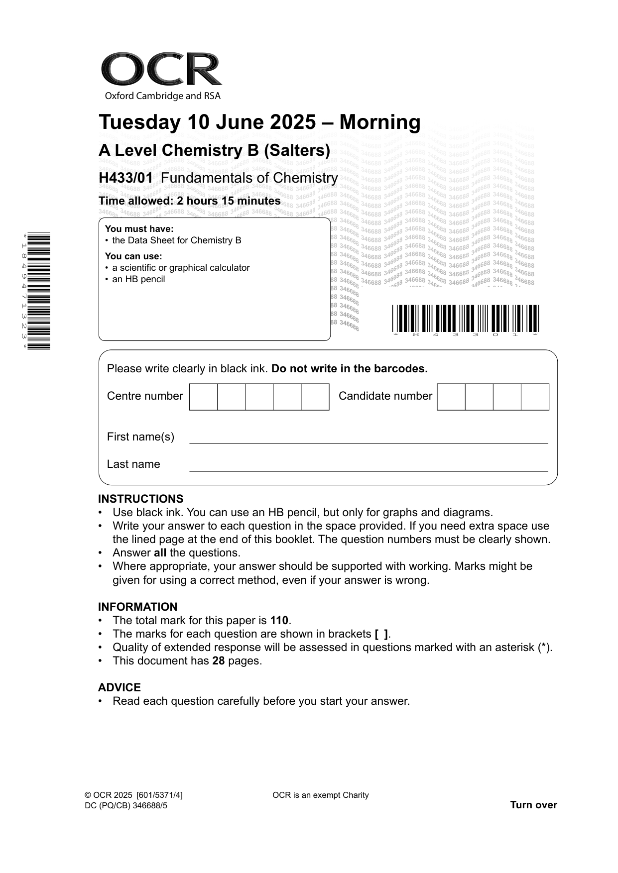 OCR A Level Chemistry B Paper 1 2025 Question Paper