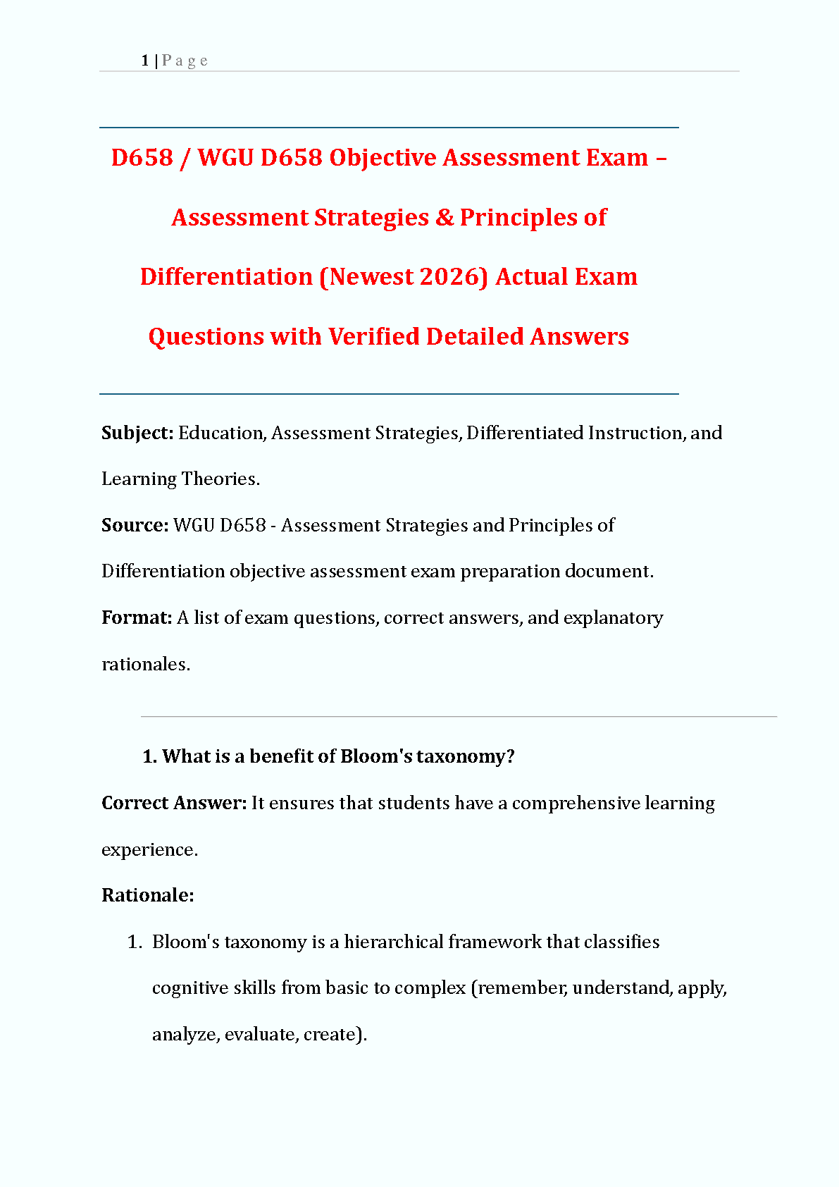 WGU D658 Test Bank: Assessment Strategies & Principles of Differentiation (2025-2026) Verified Answers