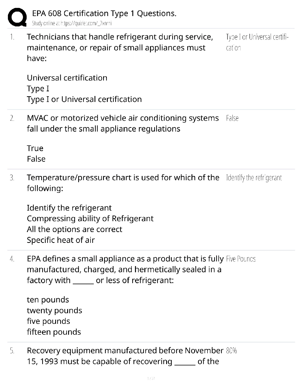EPA 608 Type 1 Certification Test Bank 2025/2026: Updated Questions ...