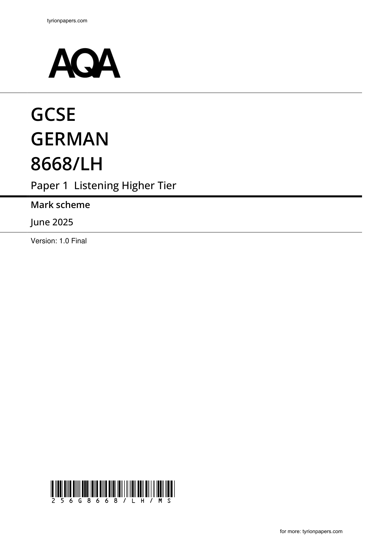AQA GCSE German Paper 1H 2025 Listening Mark Scheme