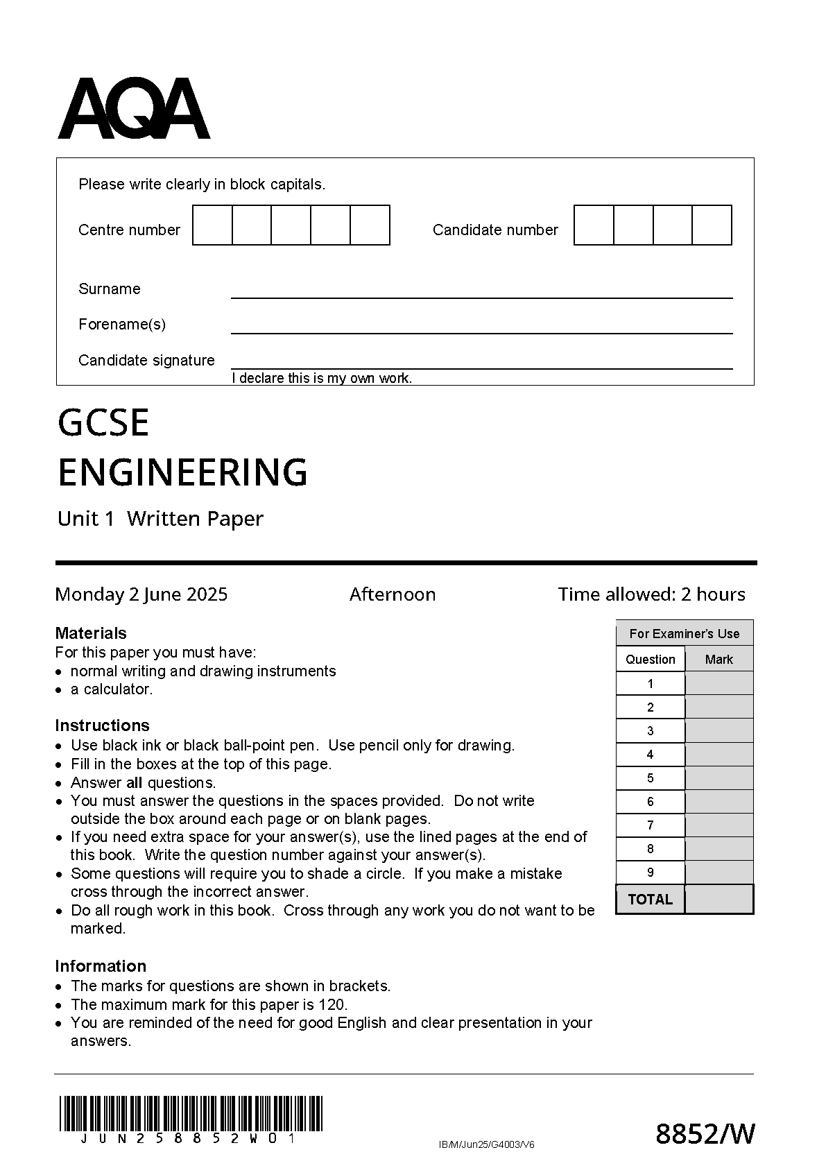 MERGED 2025 AQA GCSE ENGINEERING Unit 1 Question Paper and Mark Scheme (8852/W: Written Paper)