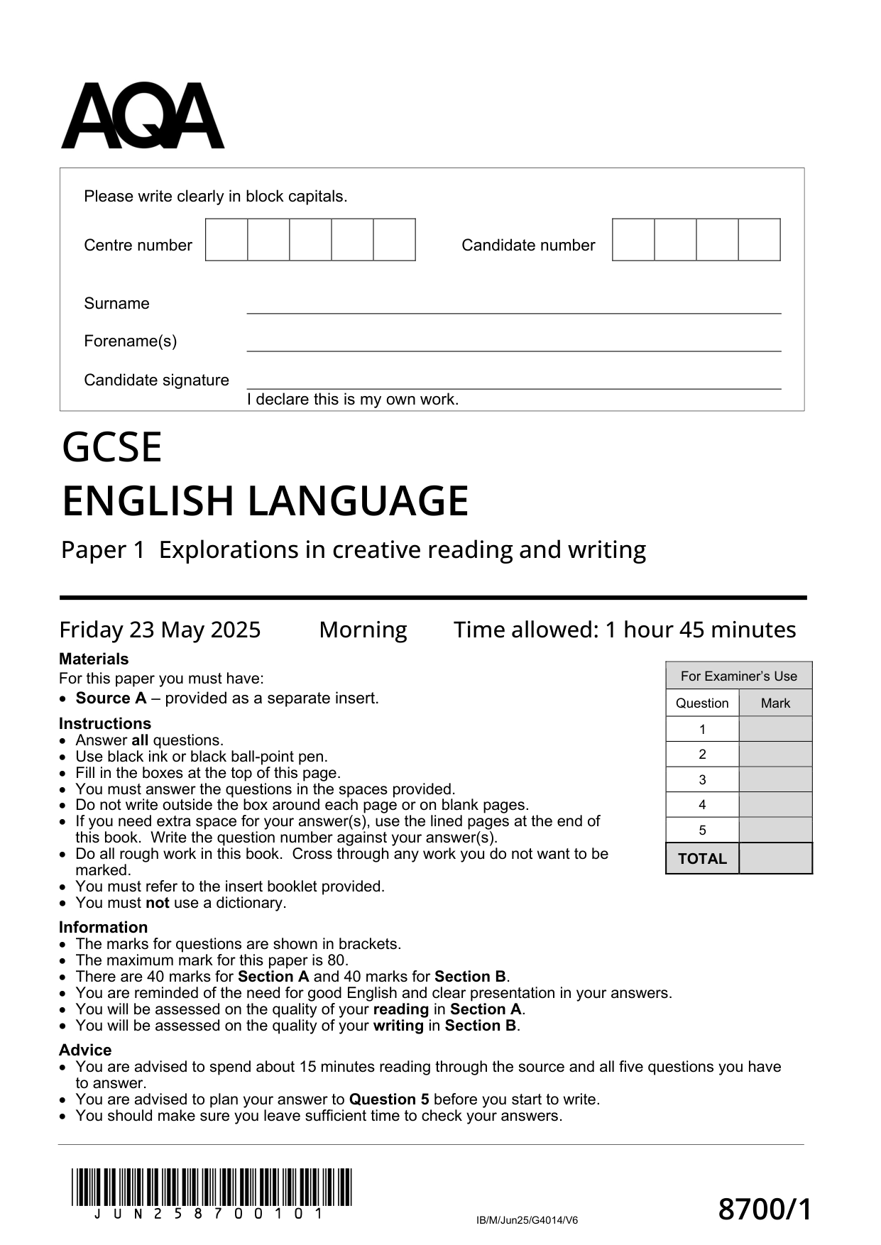 AQA GCSE English Language Paper 1 2025 QP