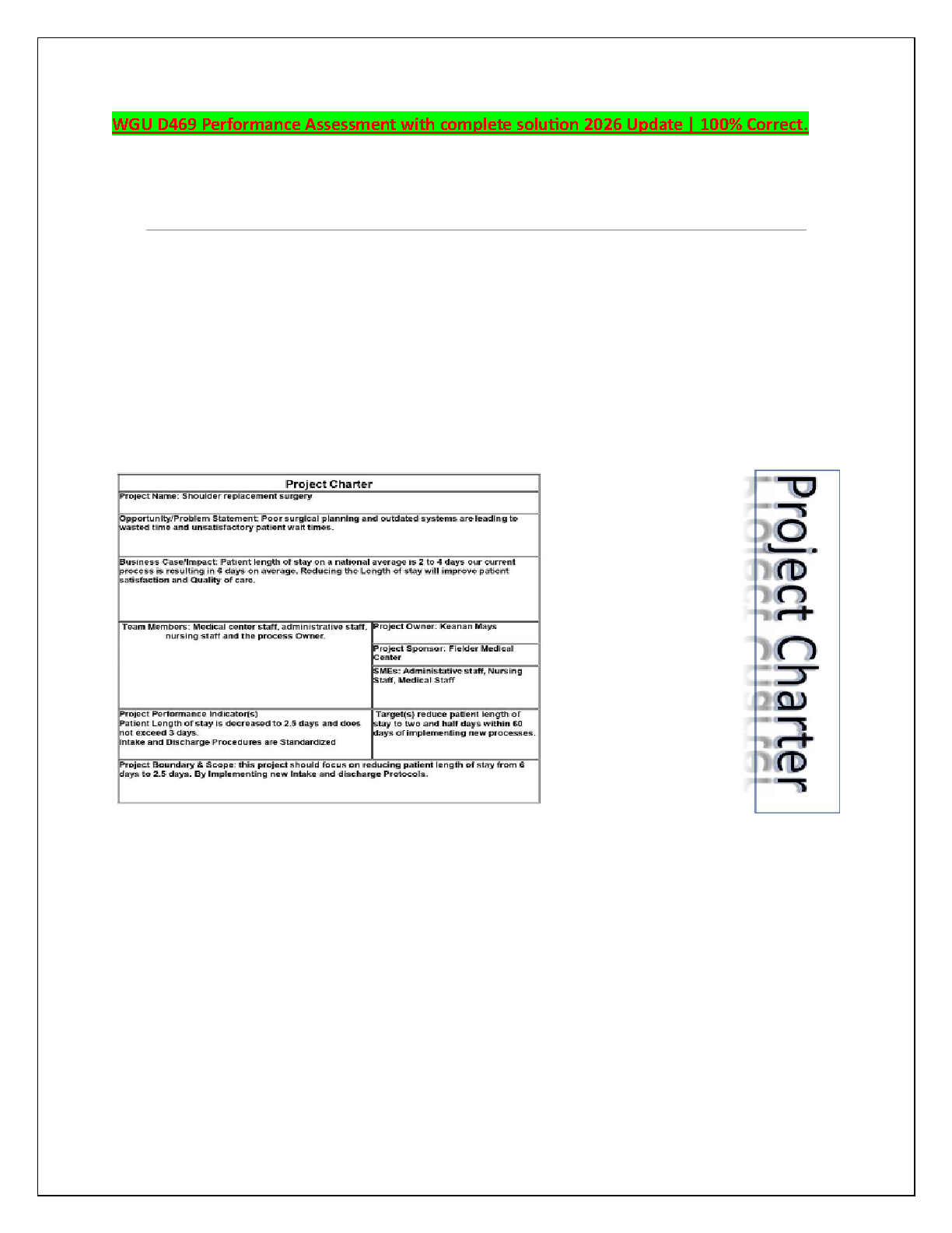 WGU D469 Performance Assessment Project Charter Complete Solution Guide for Shoulder Replacement Surgery Case Study