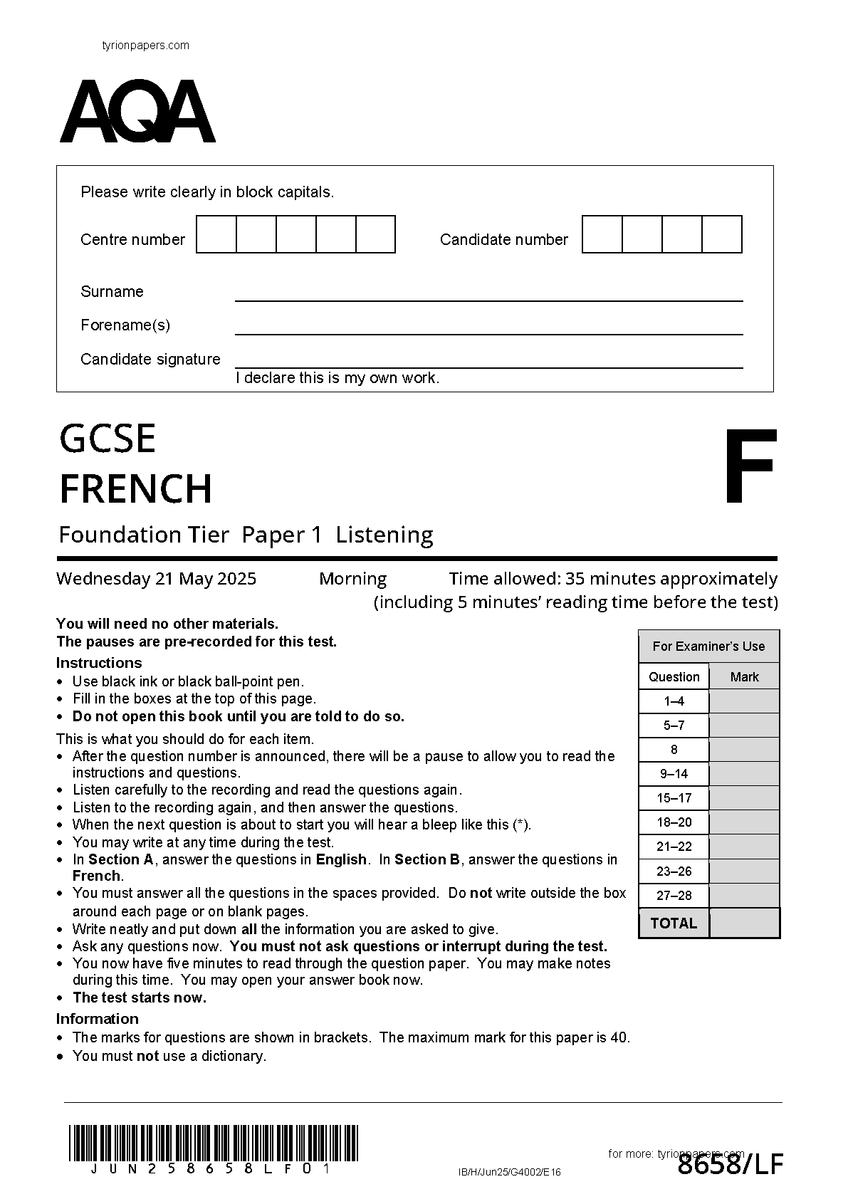 Combined 2025 AQA GCSE FRENCH Paper 1 and Mark Scheme (8658/LF: Listening Foundation Tier)